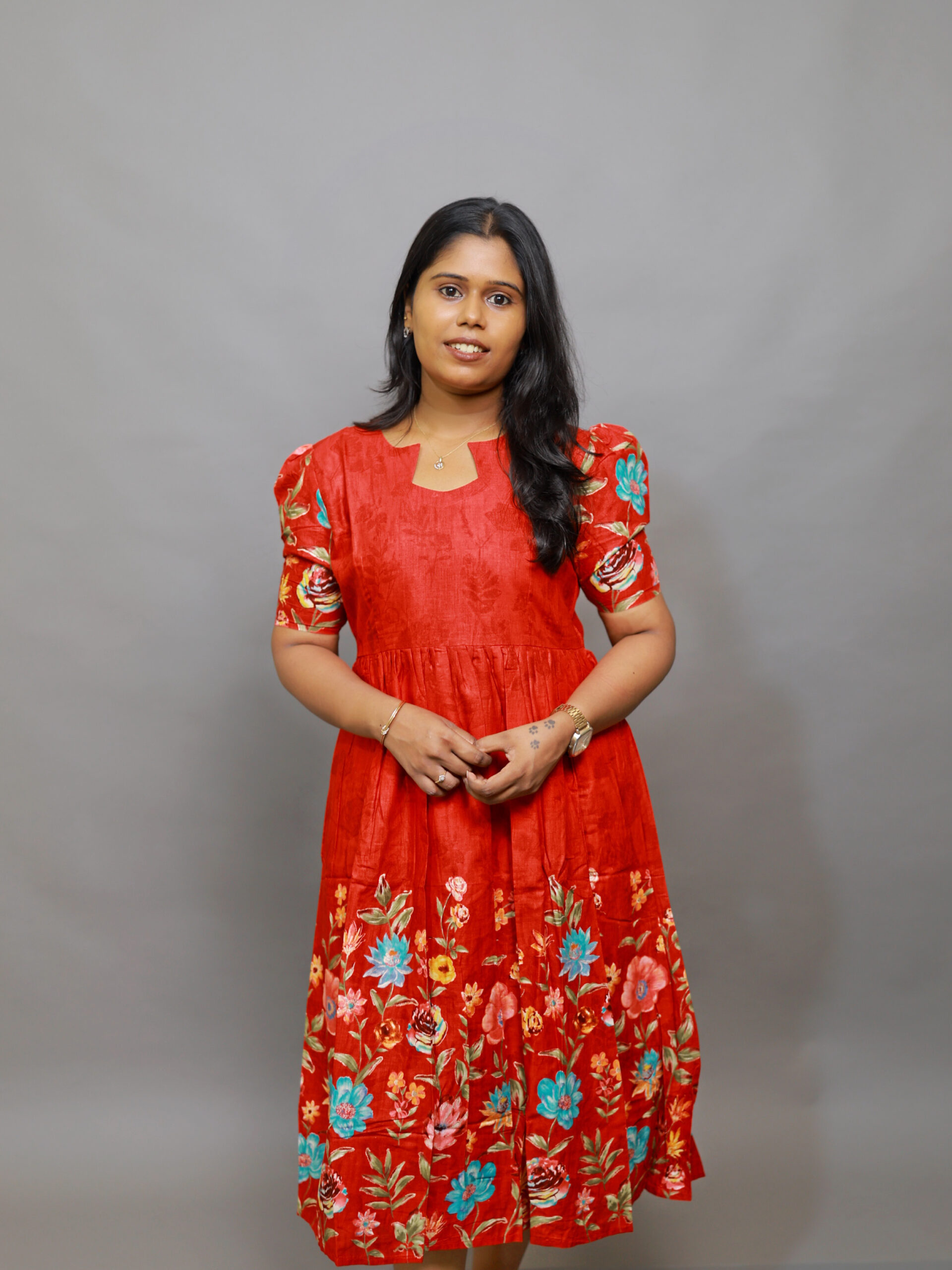 Red Floral Pure Cotton fit and flare Maxi Dress