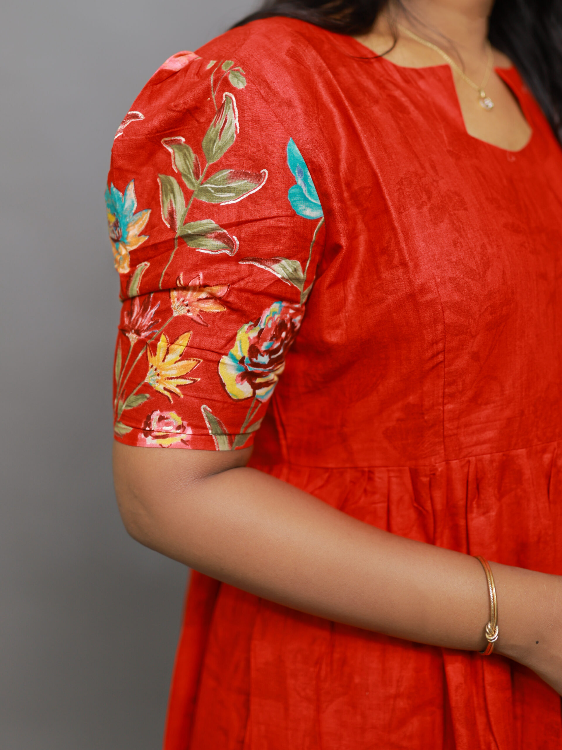 Red Floral Pure Cotton fit and flare Maxi Dress - Image 2