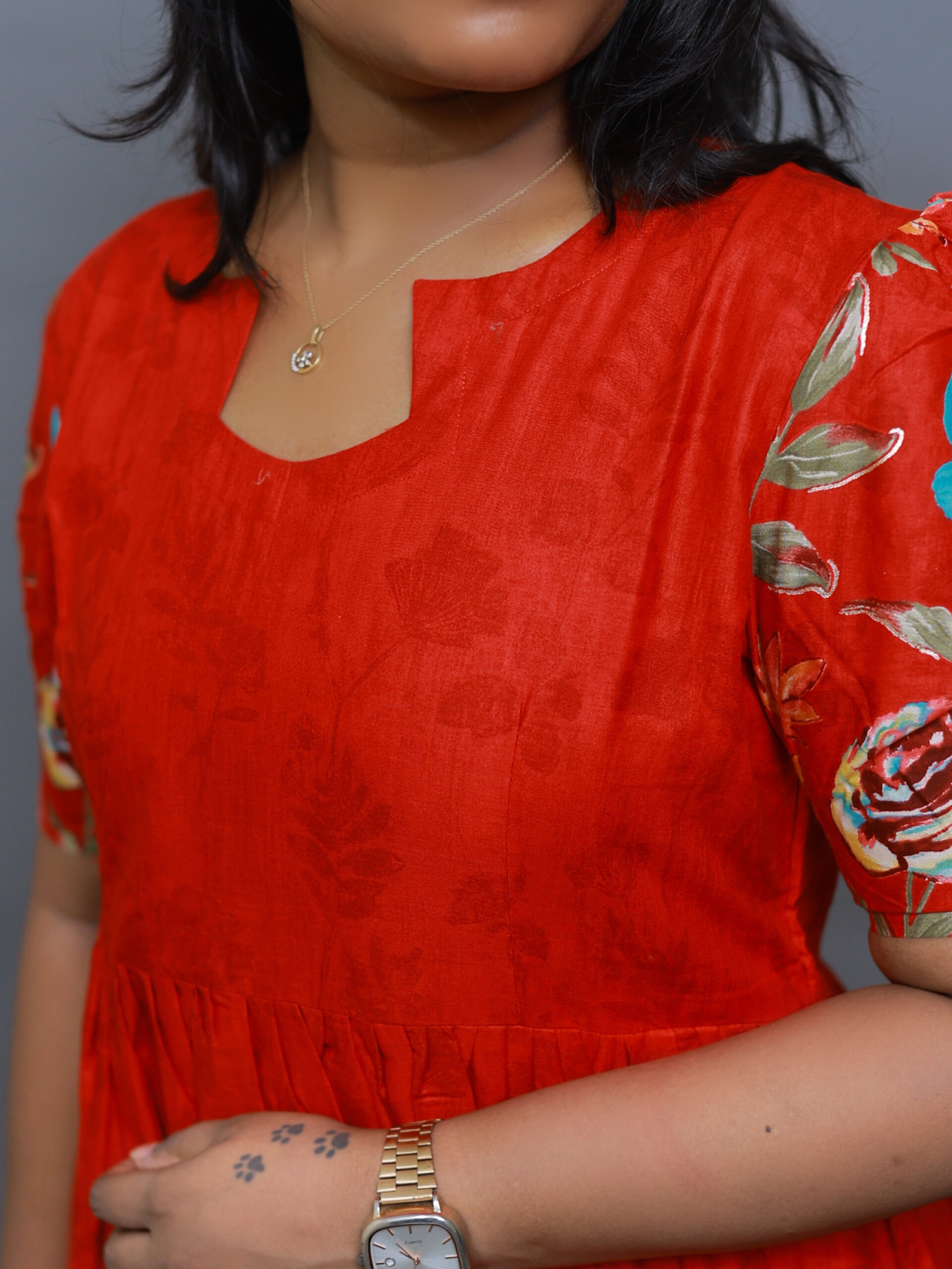Red Floral Pure Cotton fit and flare Maxi Dress - Image 3