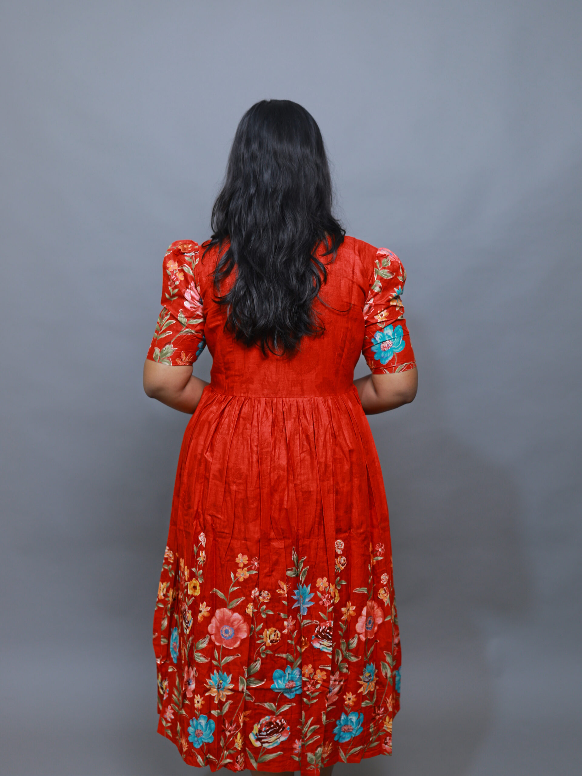Red Floral Pure Cotton fit and flare Maxi Dress - Image 4