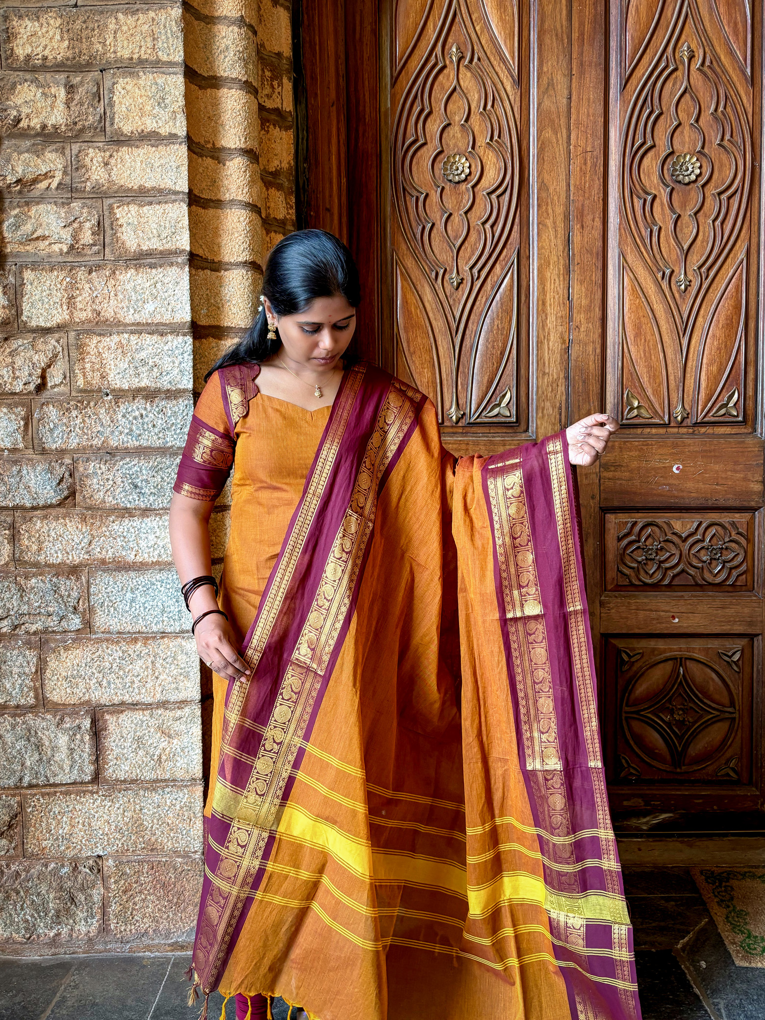 Rust Chettinad Cotton Top & Dupatta Set - Image 2