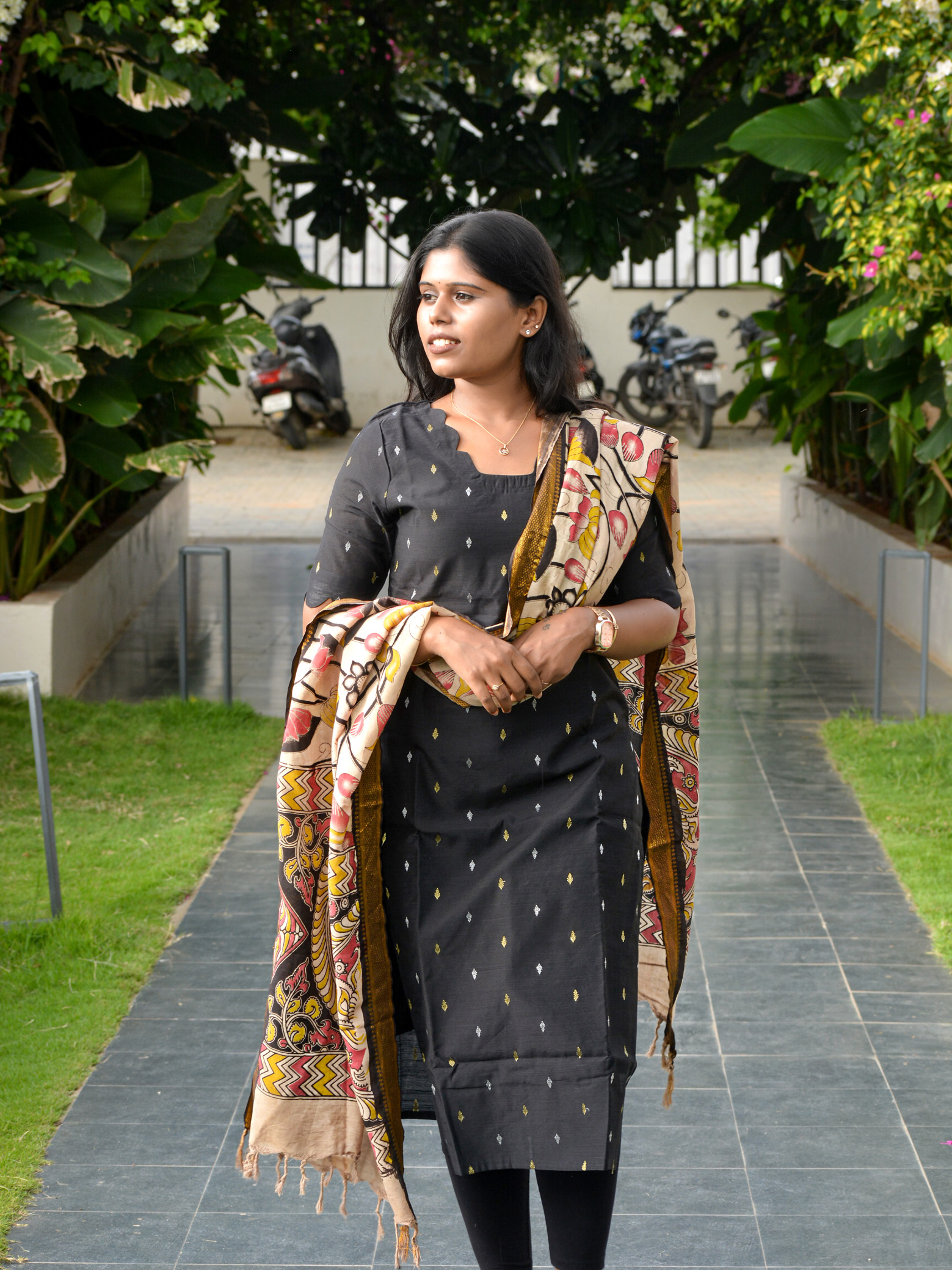 Black Raw Silk Kurti with Kalamkari Dupatta Set