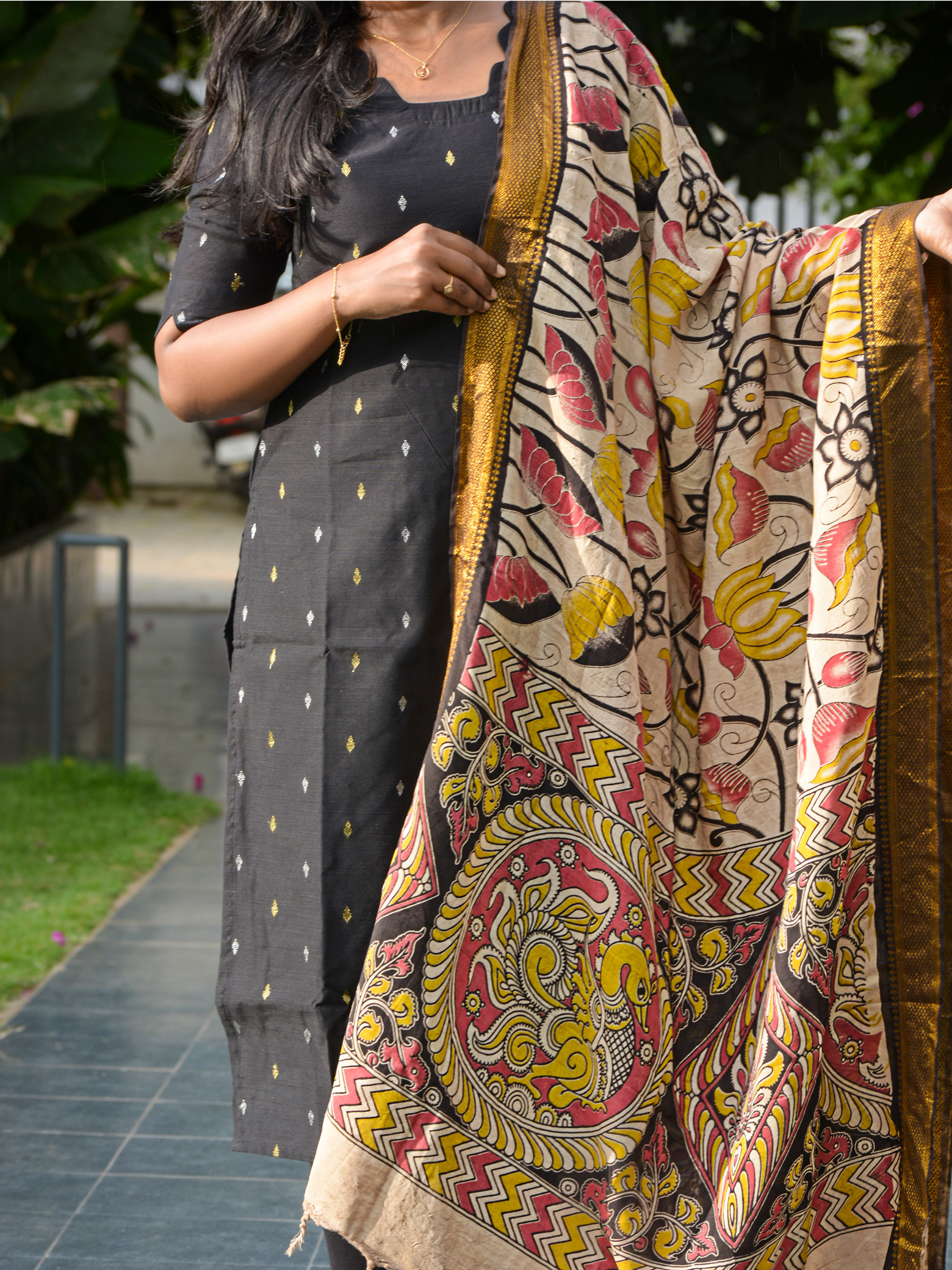 Black Raw Silk Kurti with Kalamkari Dupatta Set - Image 3