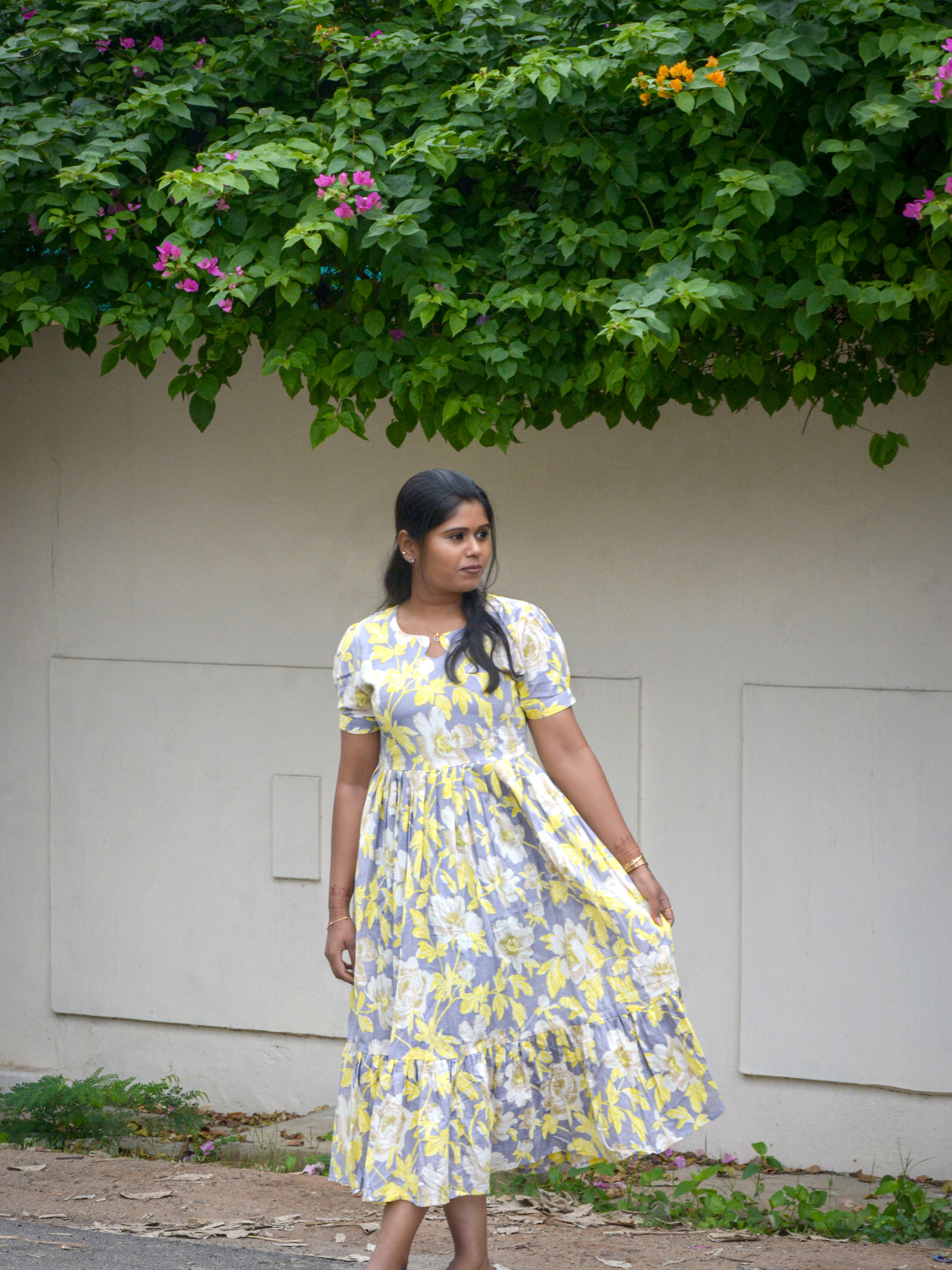 Grey & Yellow Pure Cotton fit and flare Maxi Dress - Image 4