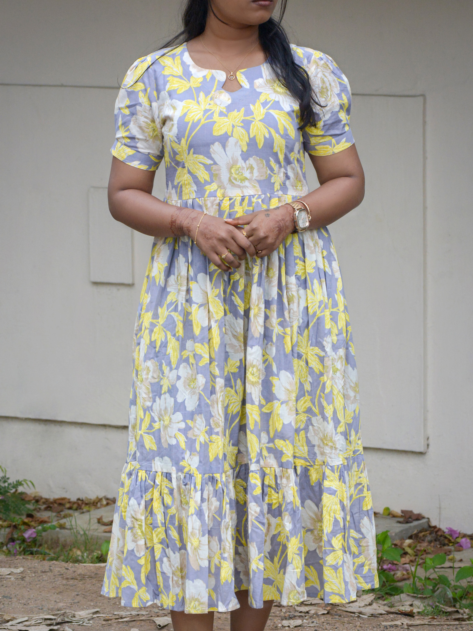 Grey & Yellow Pure Cotton fit and flare Maxi Dress - Image 3