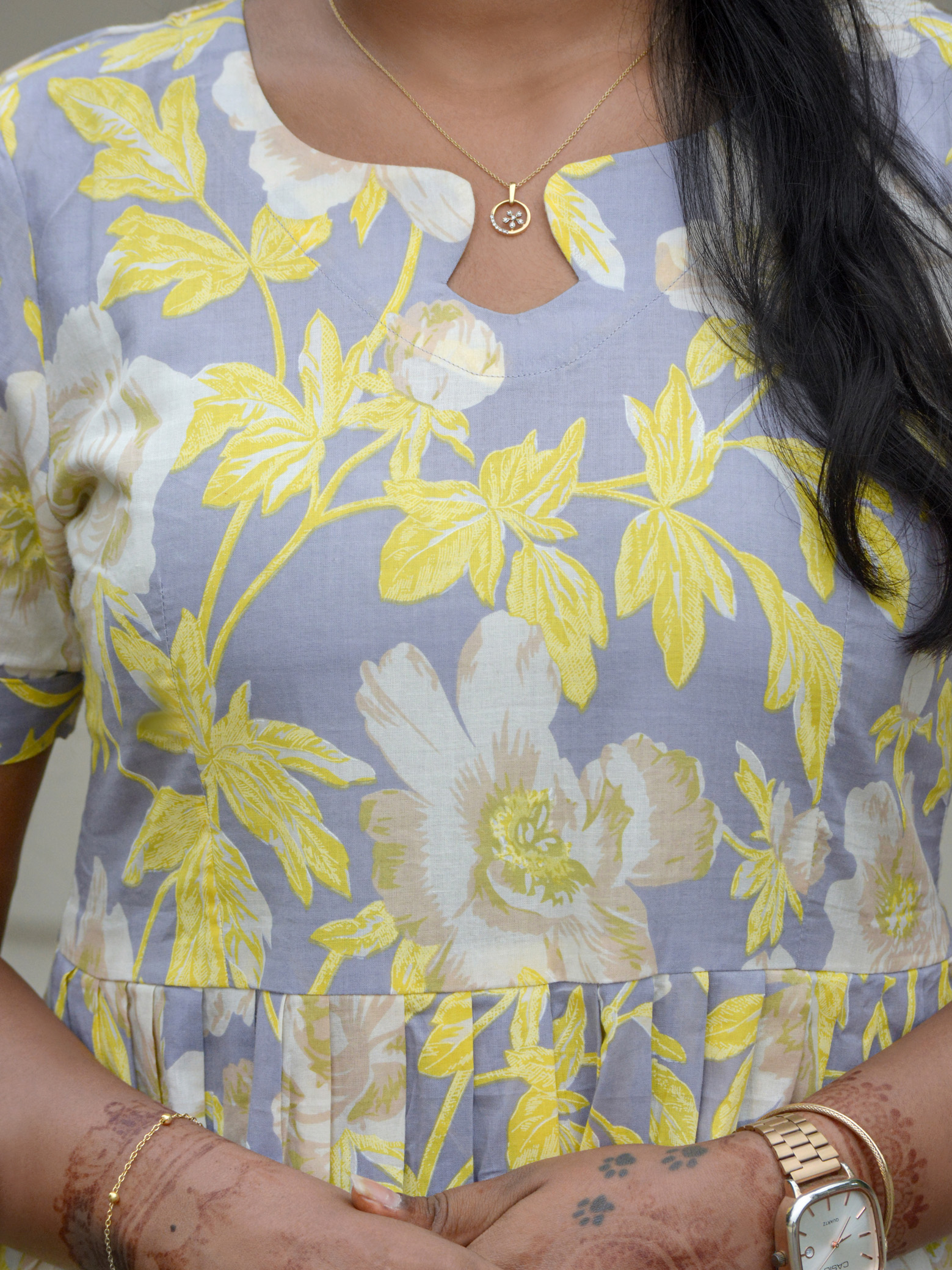Grey & Yellow Pure Cotton fit and flare Maxi Dress - Image 2