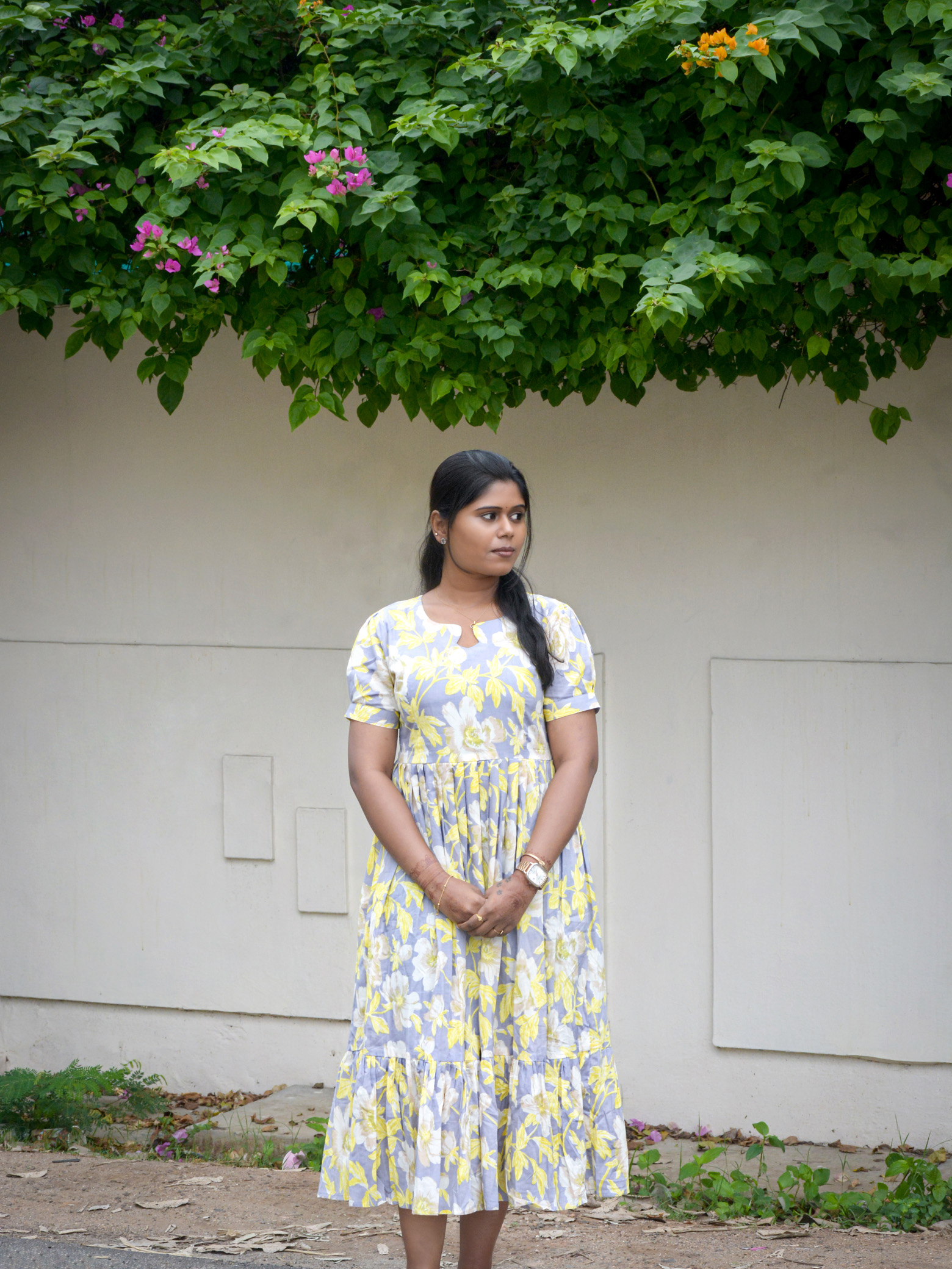 Grey & Yellow Pure Cotton fit and flare Maxi Dress