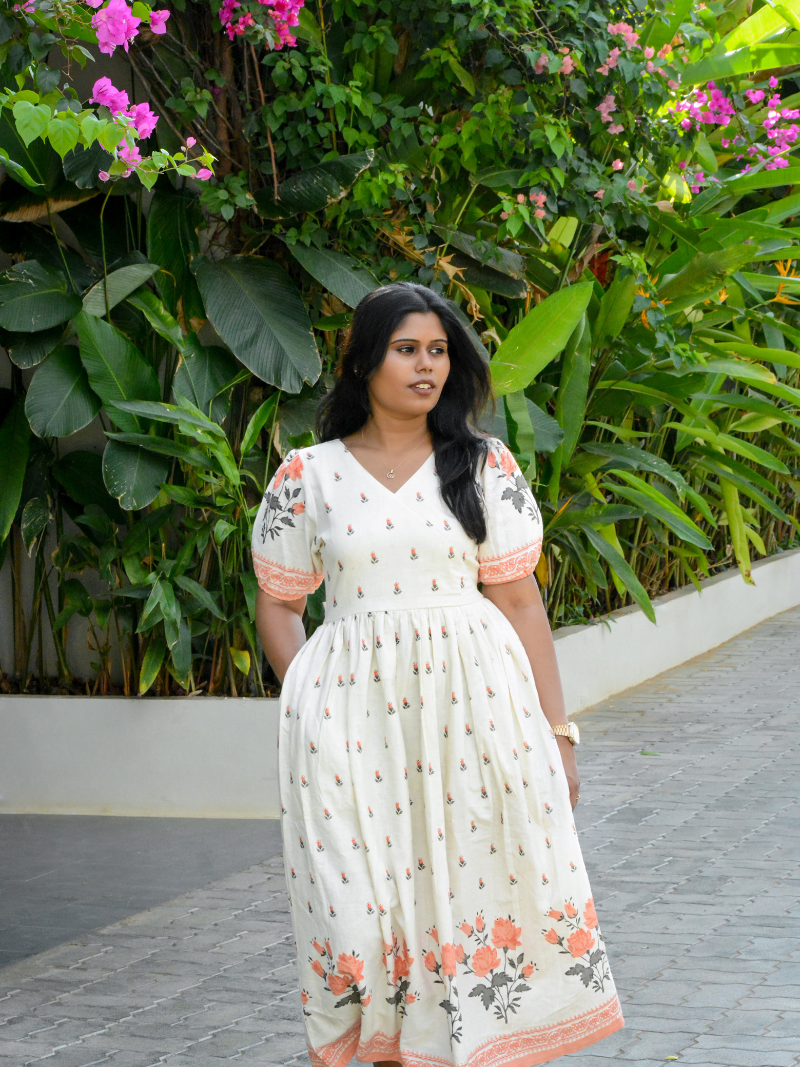 Half White Pure Cotton Fit & Flare Maxi Dress