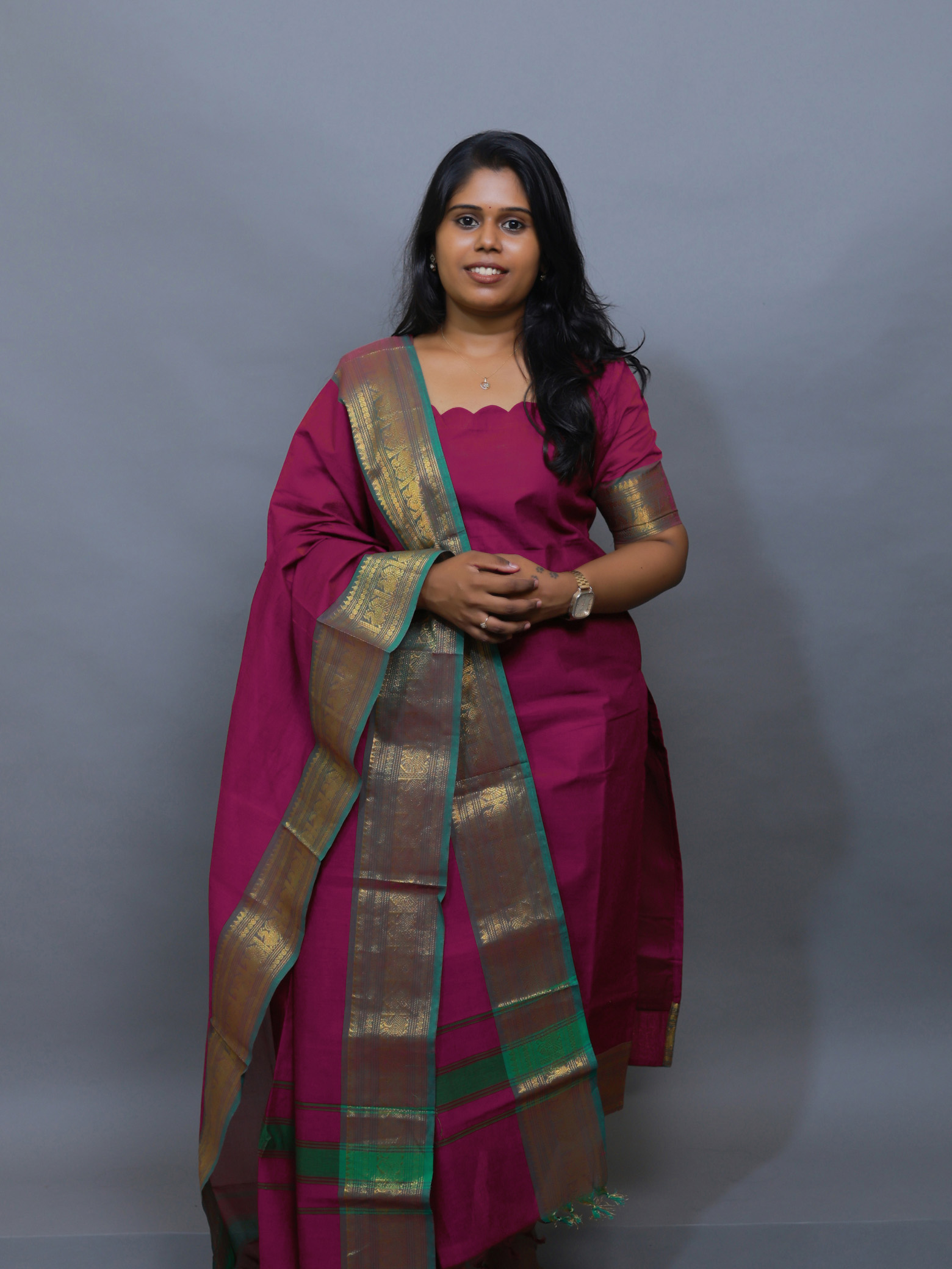 Purple Chettinad Cotton Top & Dupatta Set
