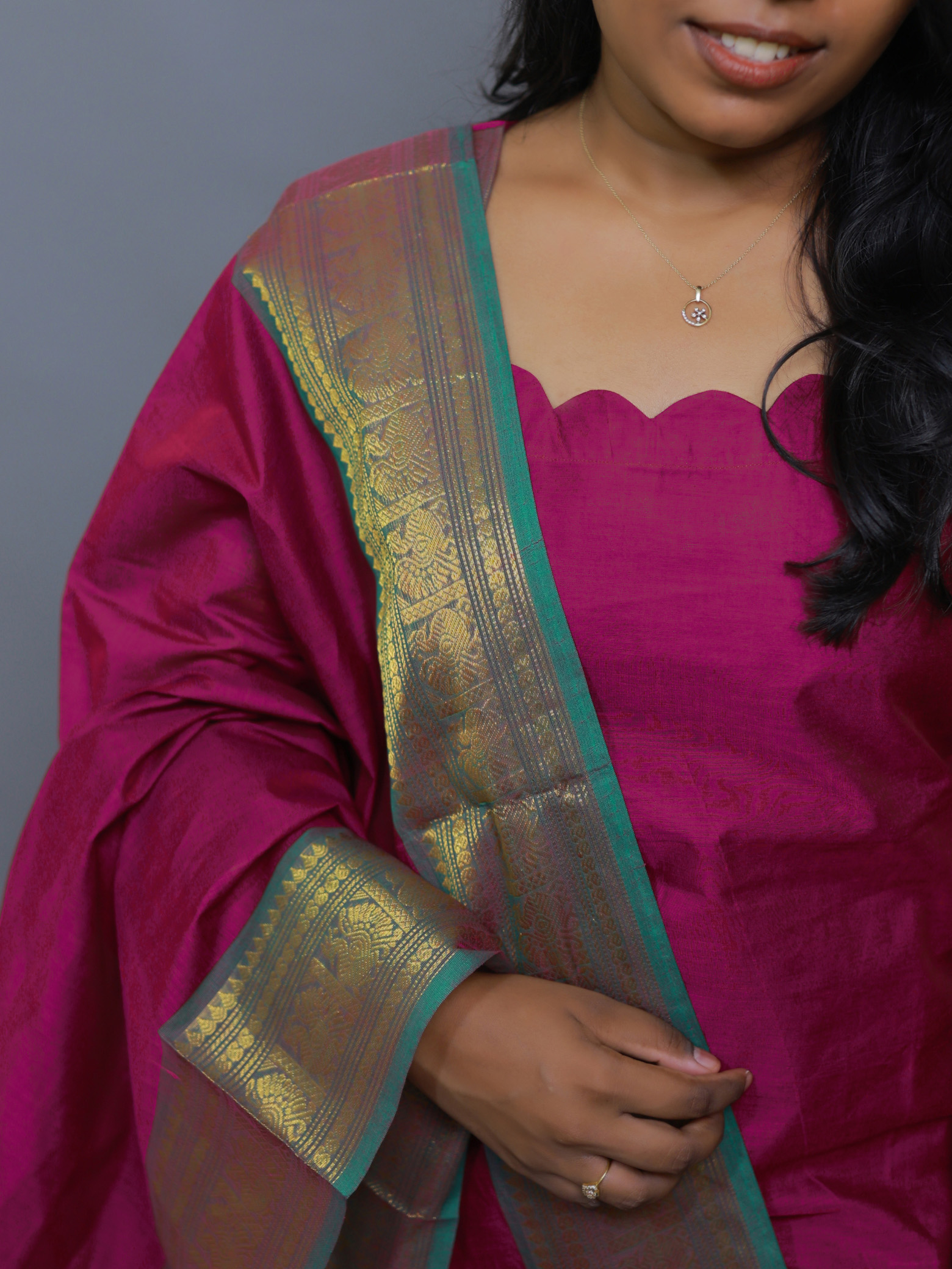 Purple Chettinad Cotton Top & Dupatta Set - Image 3