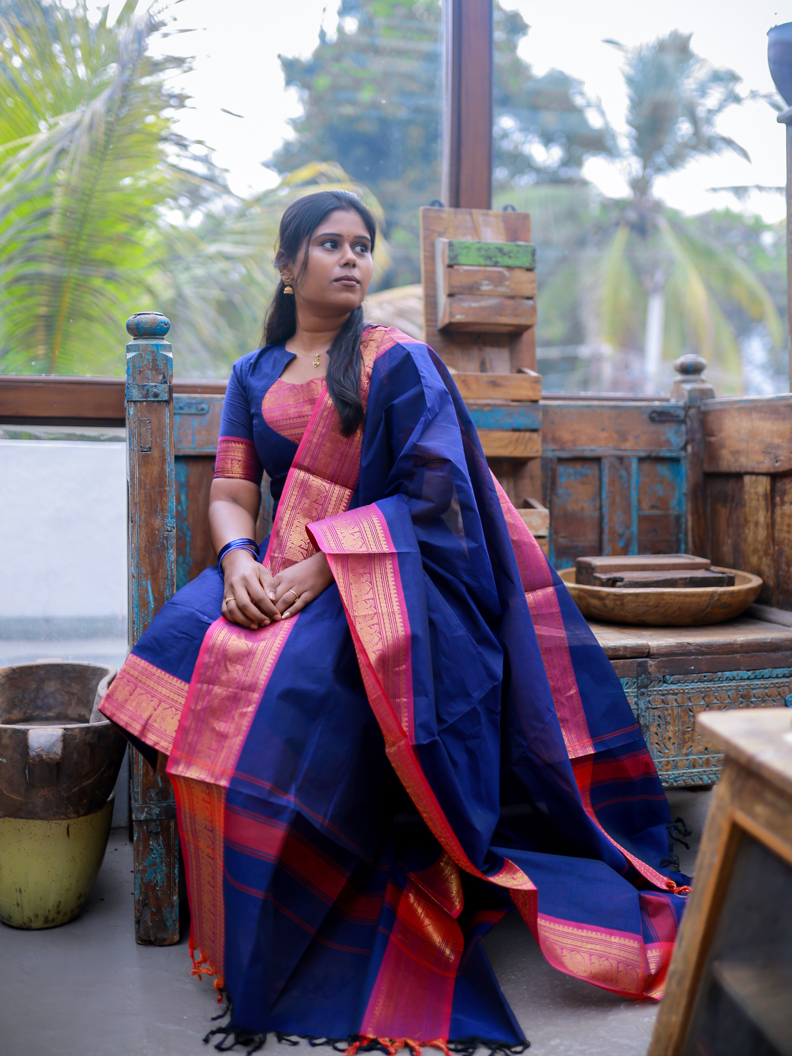 Navy blue Chettinad Cotton Top & Dupatta Set - Image 2