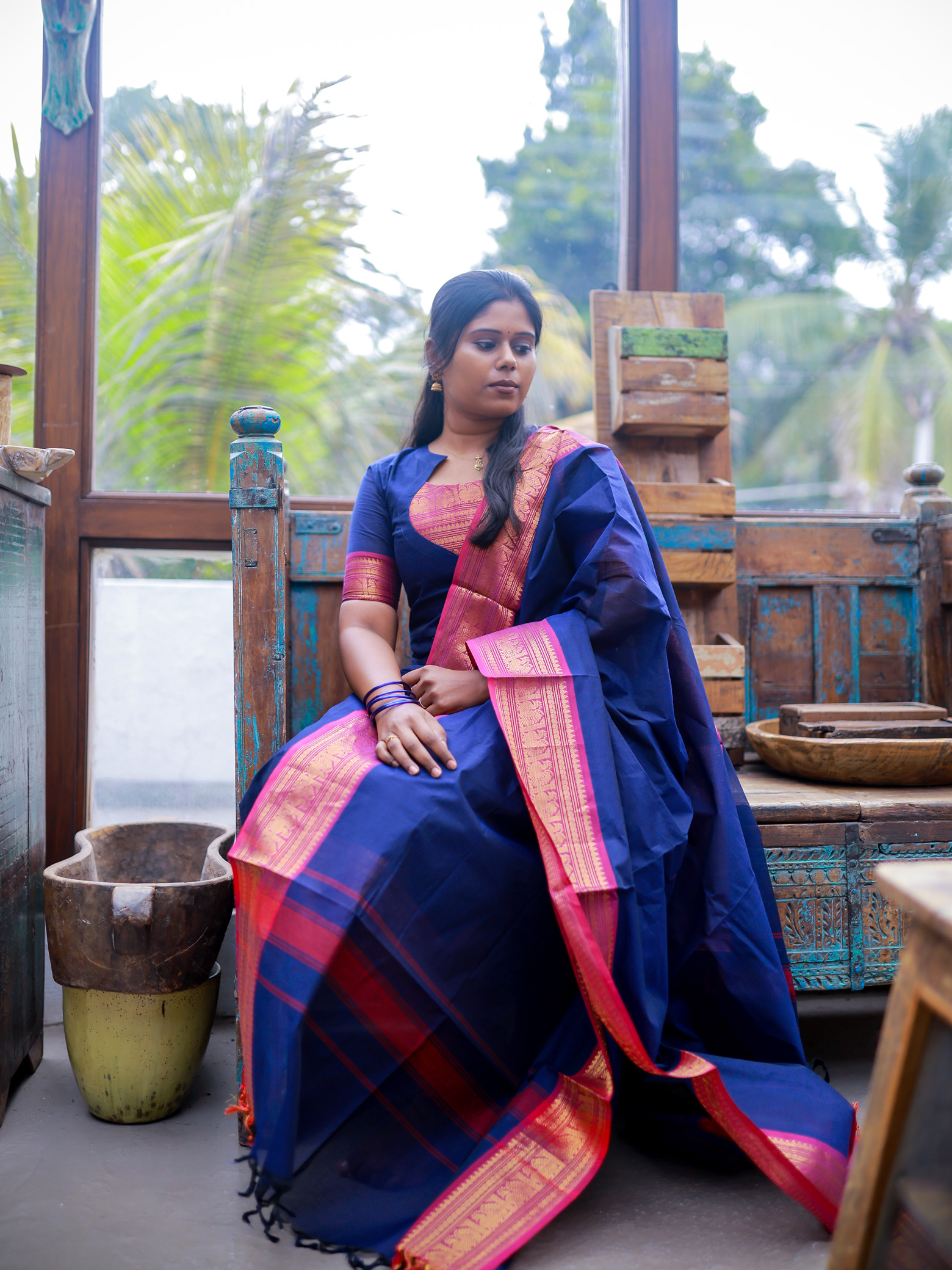 Navy blue Chettinad Cotton Top & Dupatta Set - Image 5