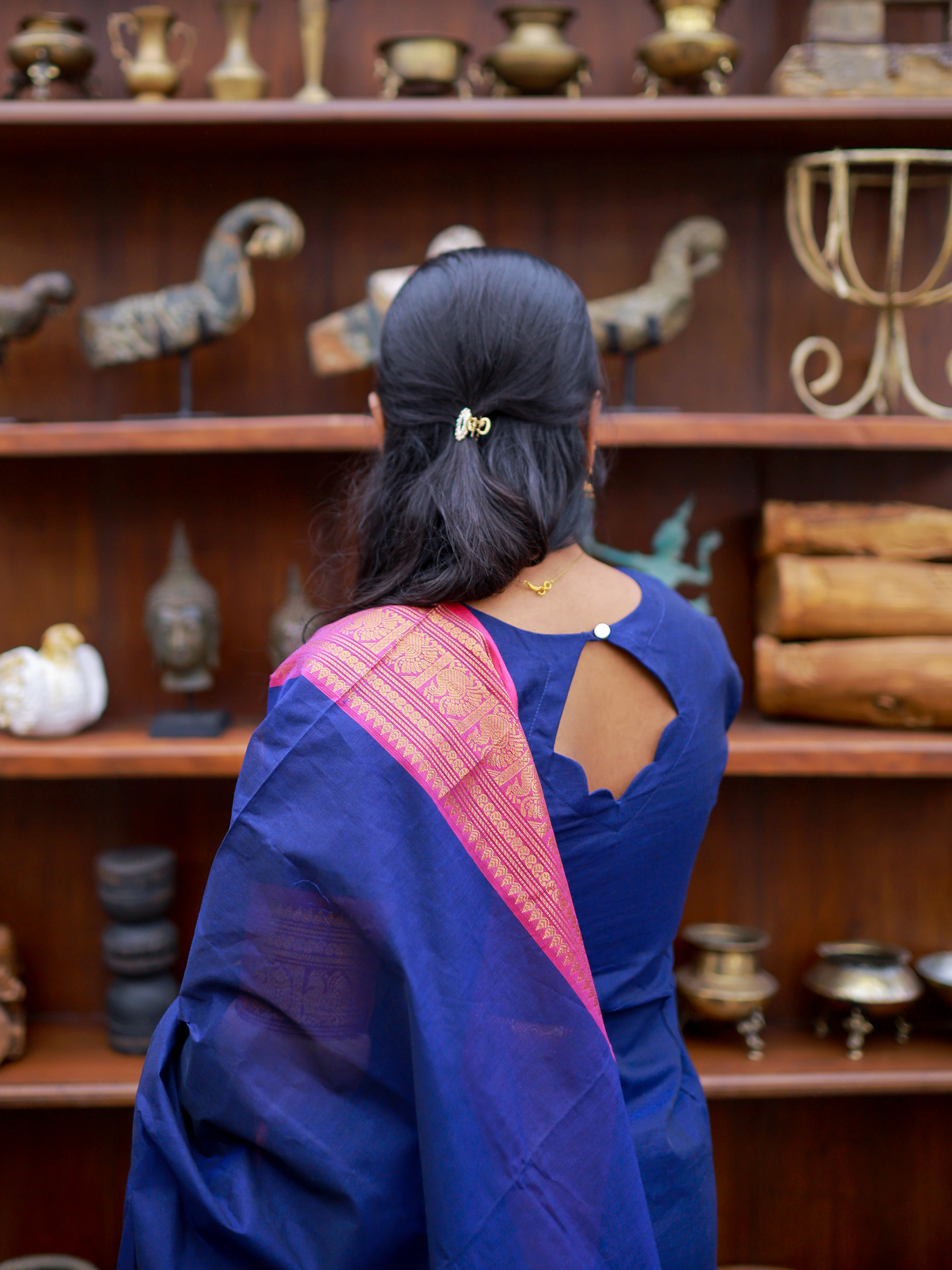 Navy blue Chettinad Cotton Top & Dupatta Set - Image 3