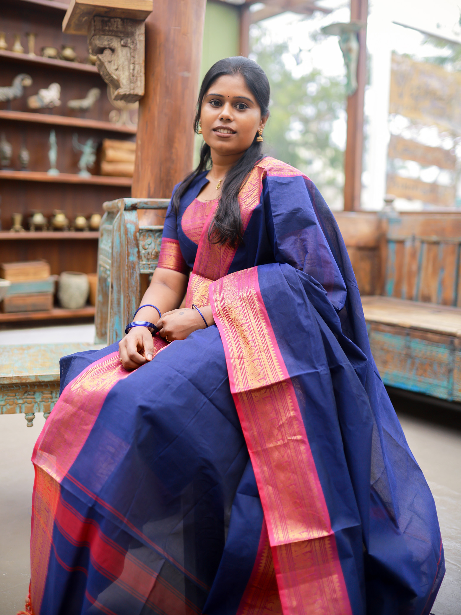 Navy blue Chettinad Cotton Top & Dupatta Set - Image 4