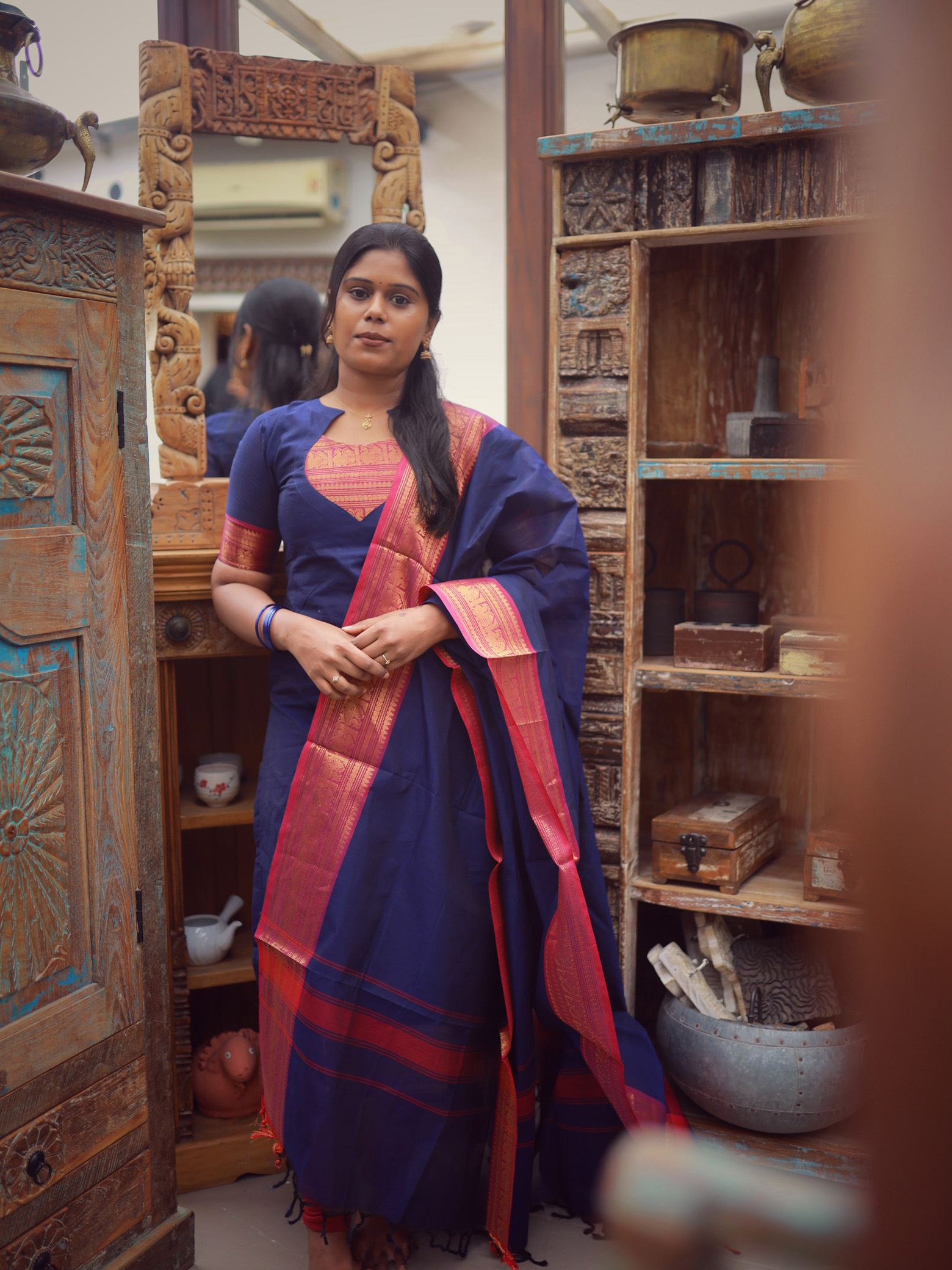 Navy blue Chettinad Cotton Top & Dupatta Set