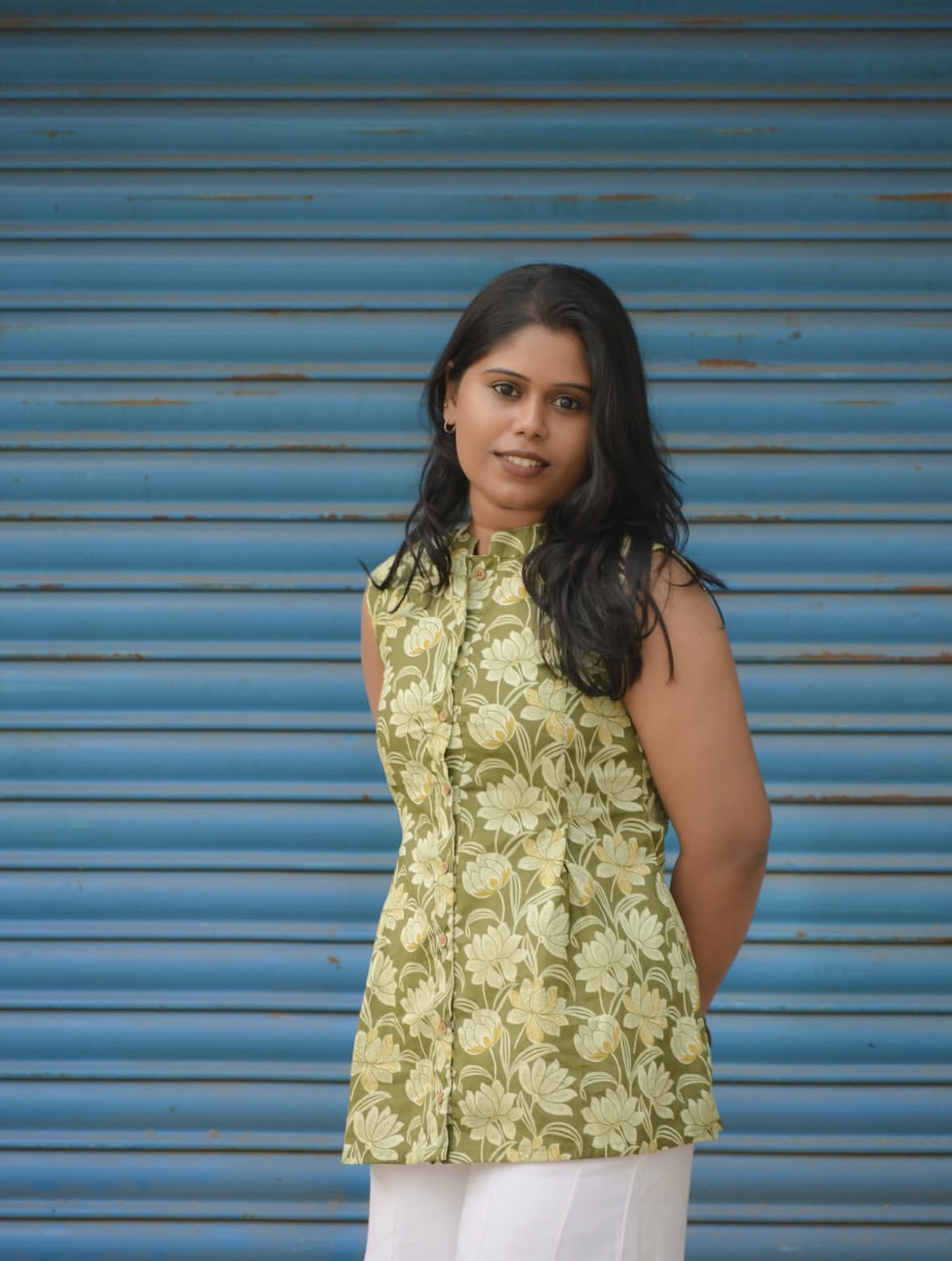 Light Green Cotton Button-Front Short Top