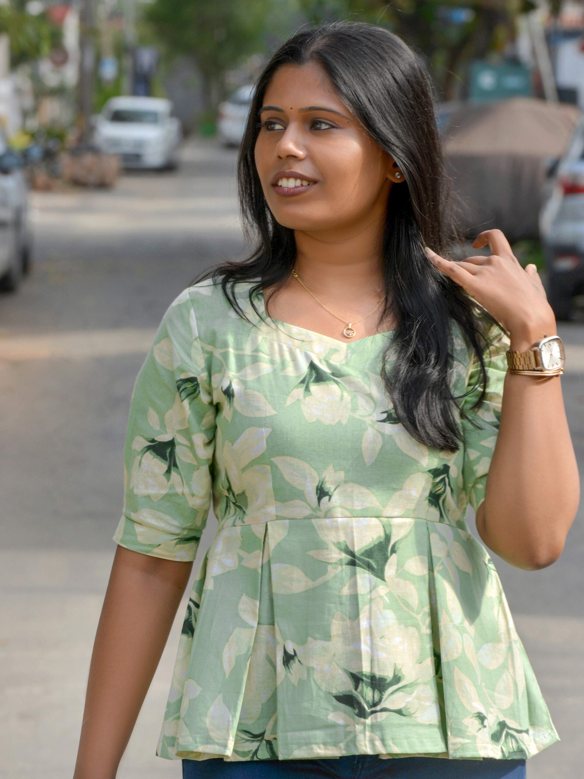 Misty Green Floral Pure Cotton Short Top