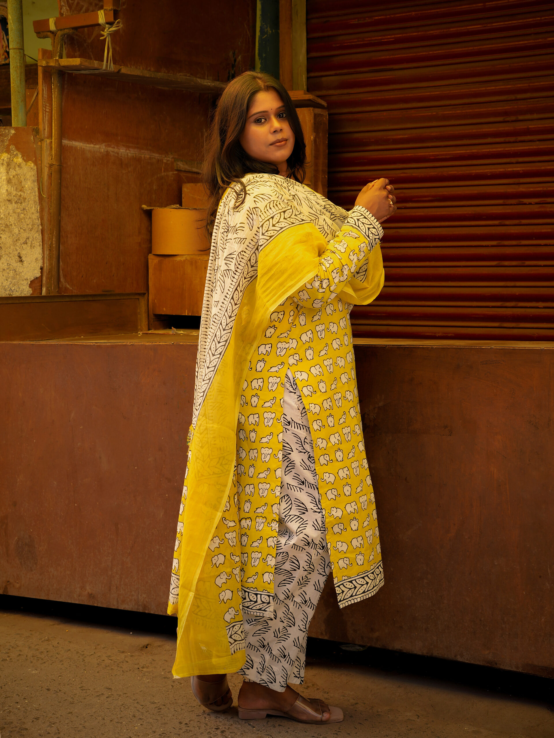 Hand Block Yellow Printed cotton Top bottom & dupatta