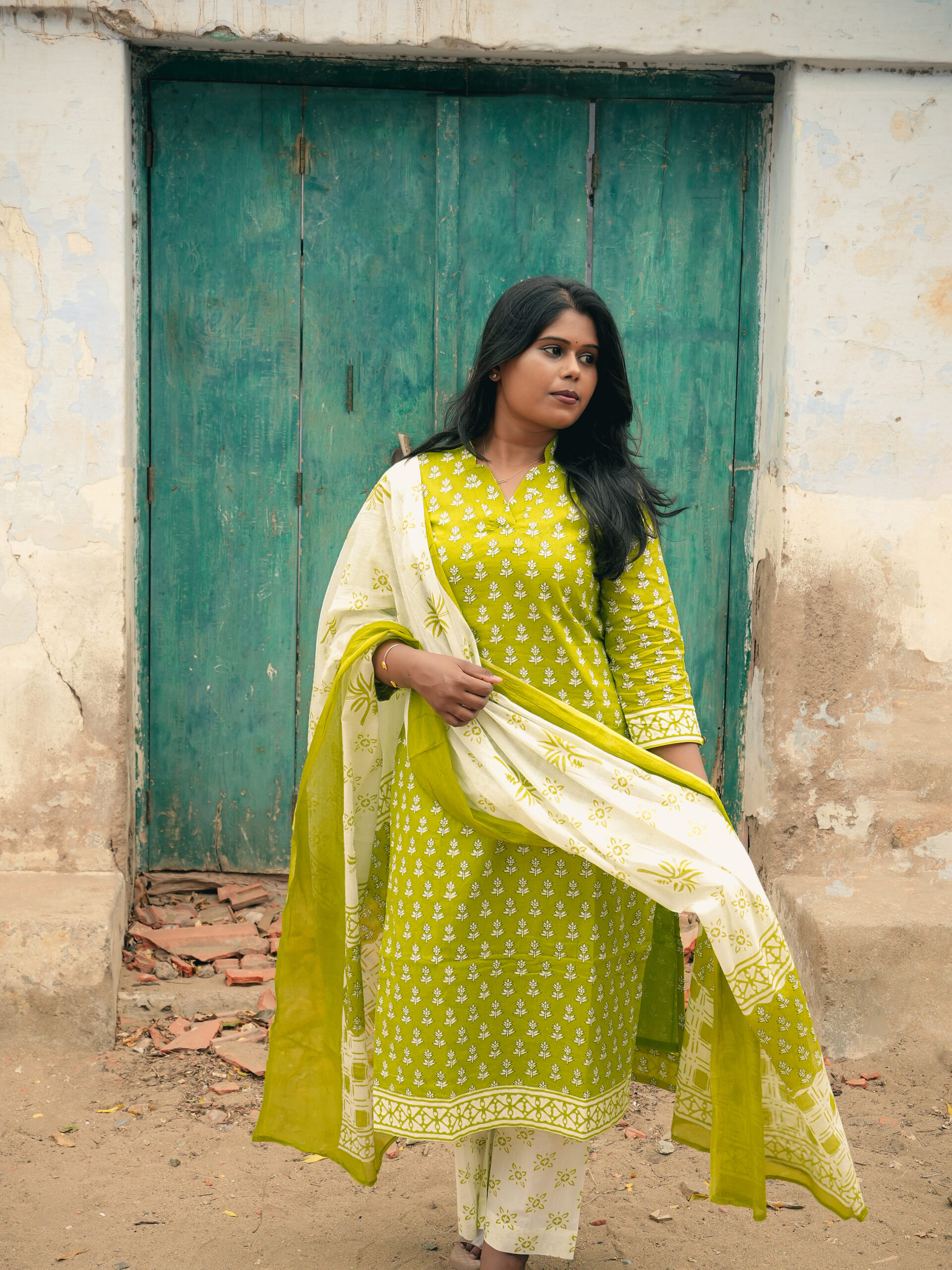 Hand Block Light Green Printed cotton Top bottom & dupatta