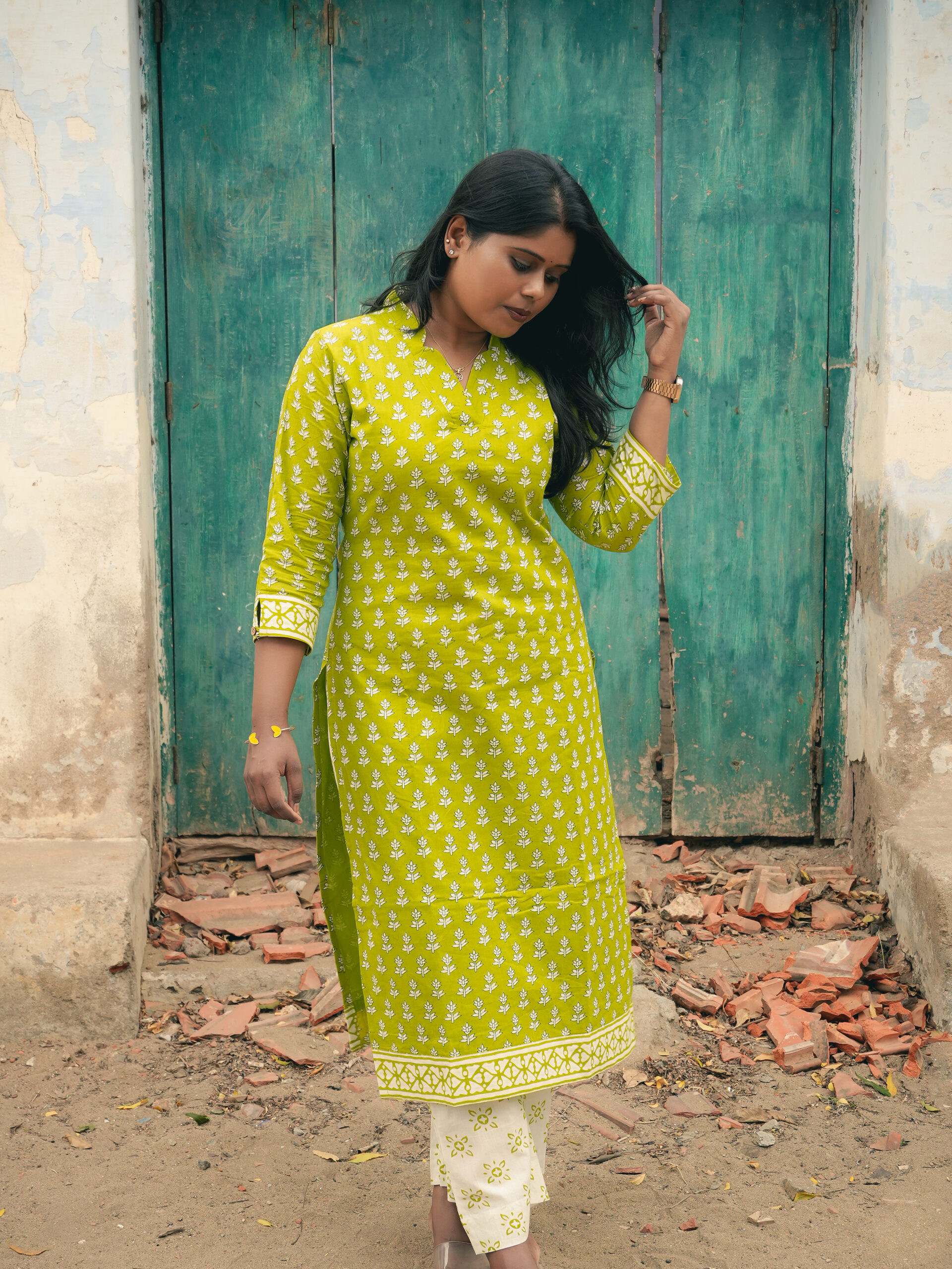 Hand Block Light Green Printed cotton Top bottom & dupatta - Image 5