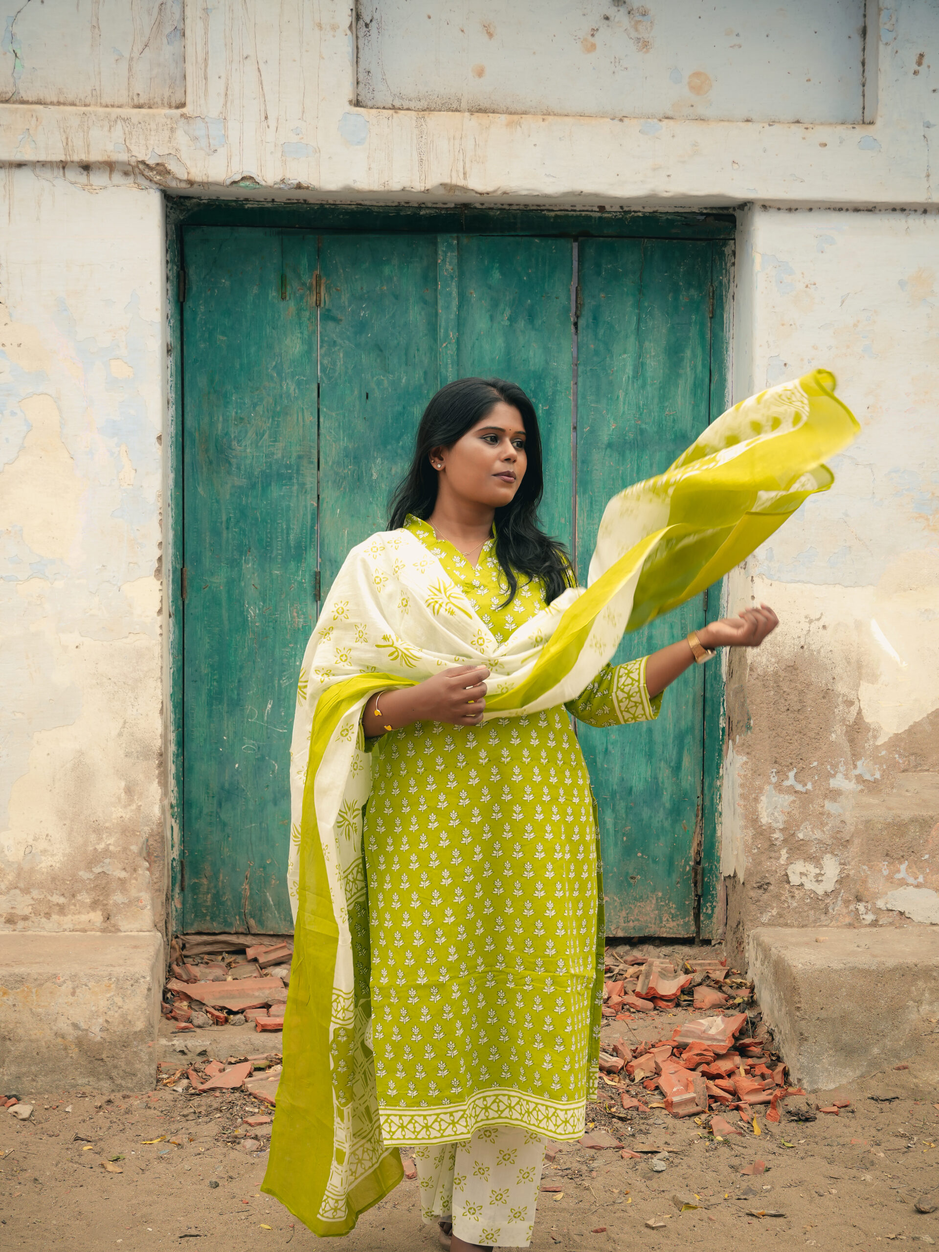 Hand Block Light Green Printed cotton Top bottom & dupatta - Image 3