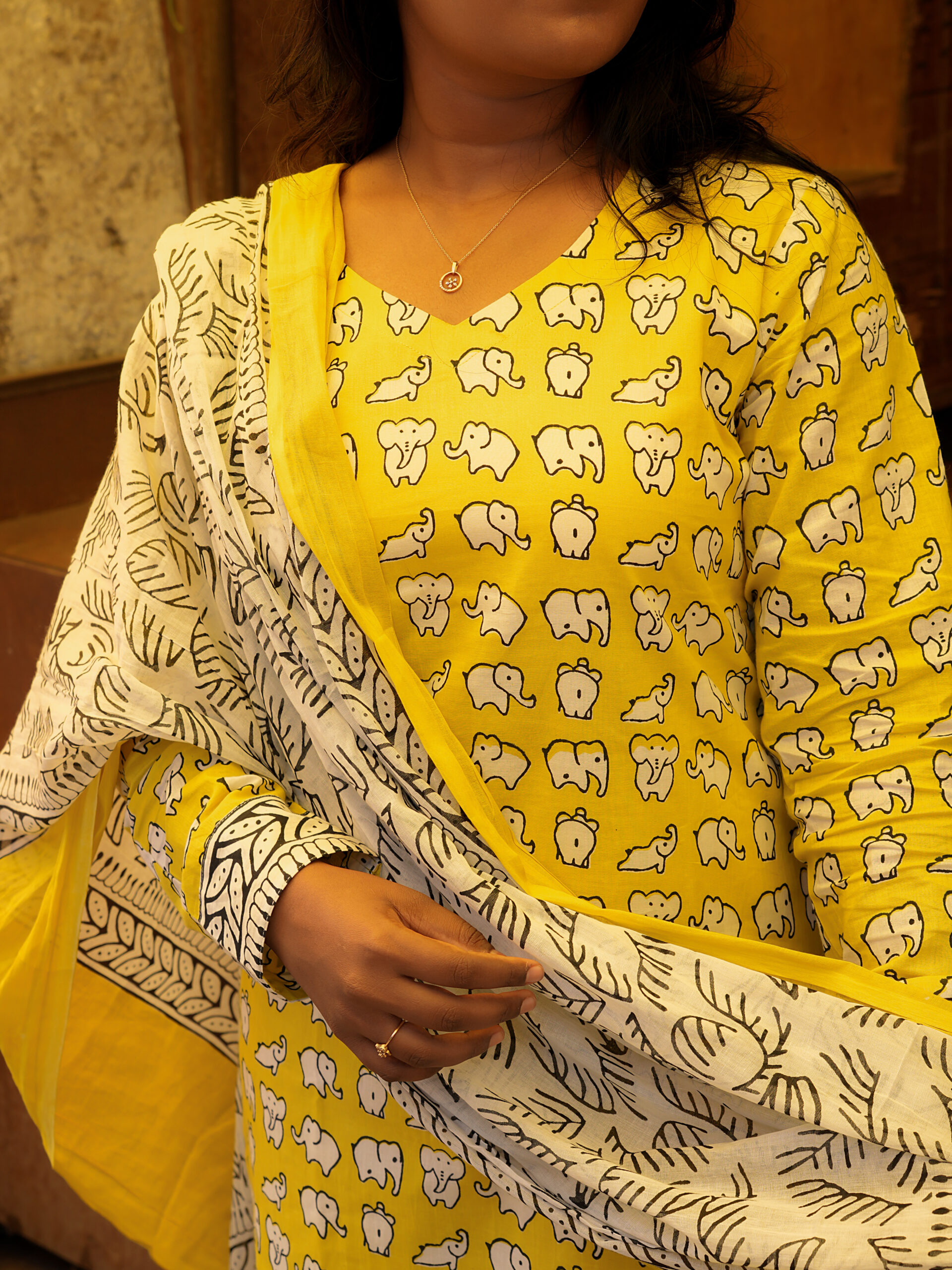 Hand Block Yellow Printed cotton Top bottom & dupatta - Image 3