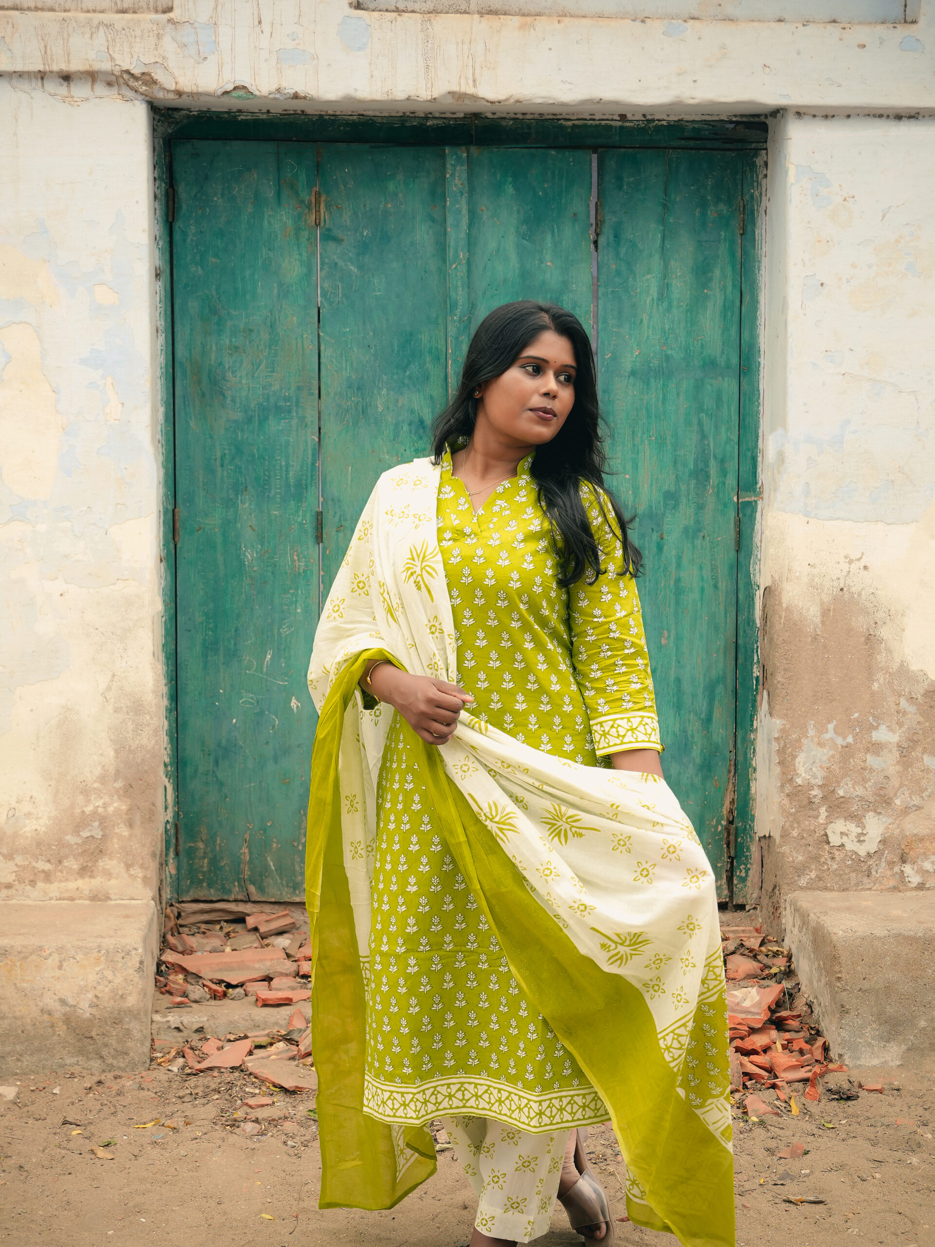 Hand Block Light Green Printed cotton Top bottom & dupatta - Image 6