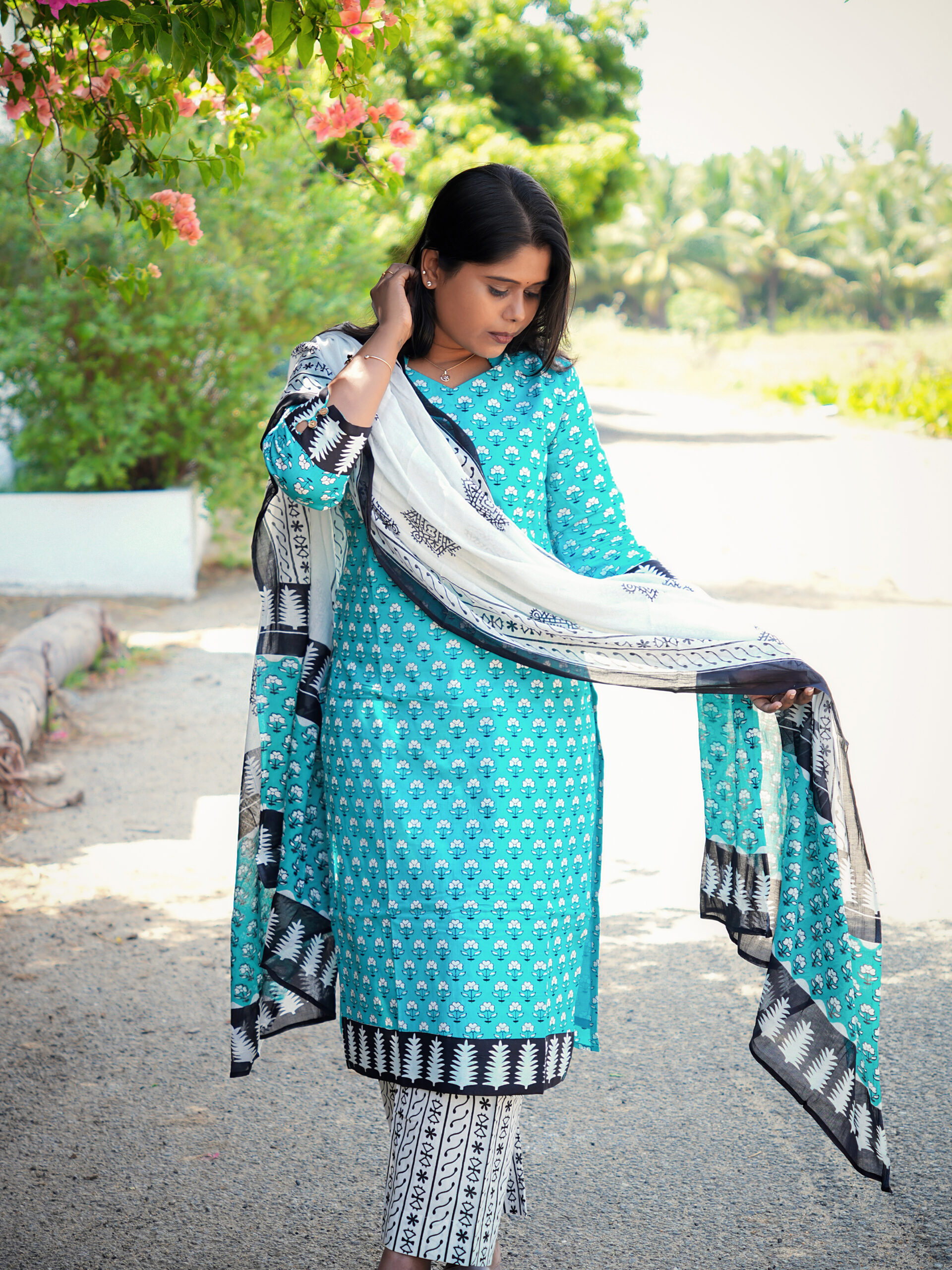Hand Block Skyblue Printed cotton Top bottom & dupatta - Image 5