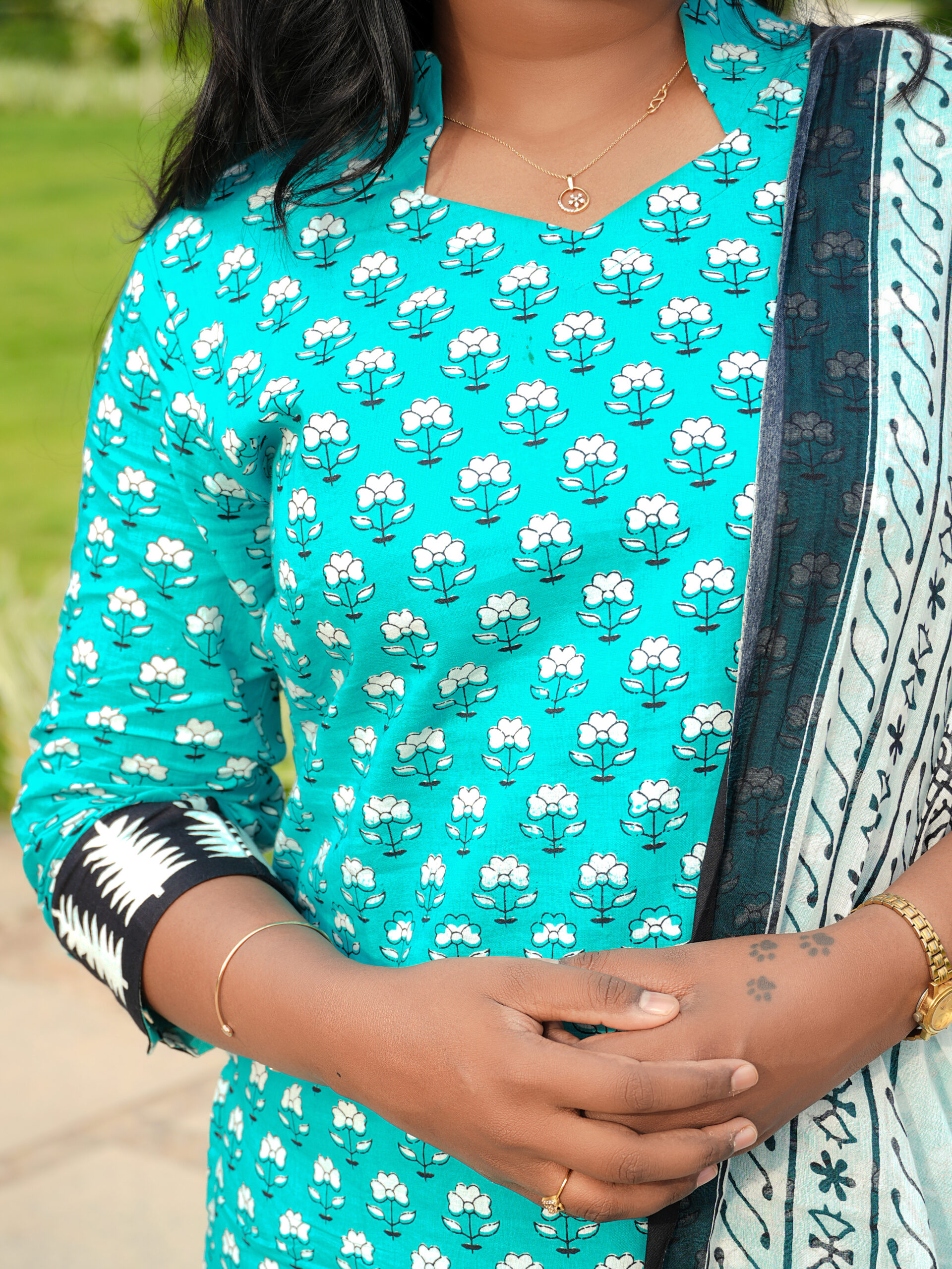Hand Block Skyblue Printed cotton Top bottom & dupatta - Image 2