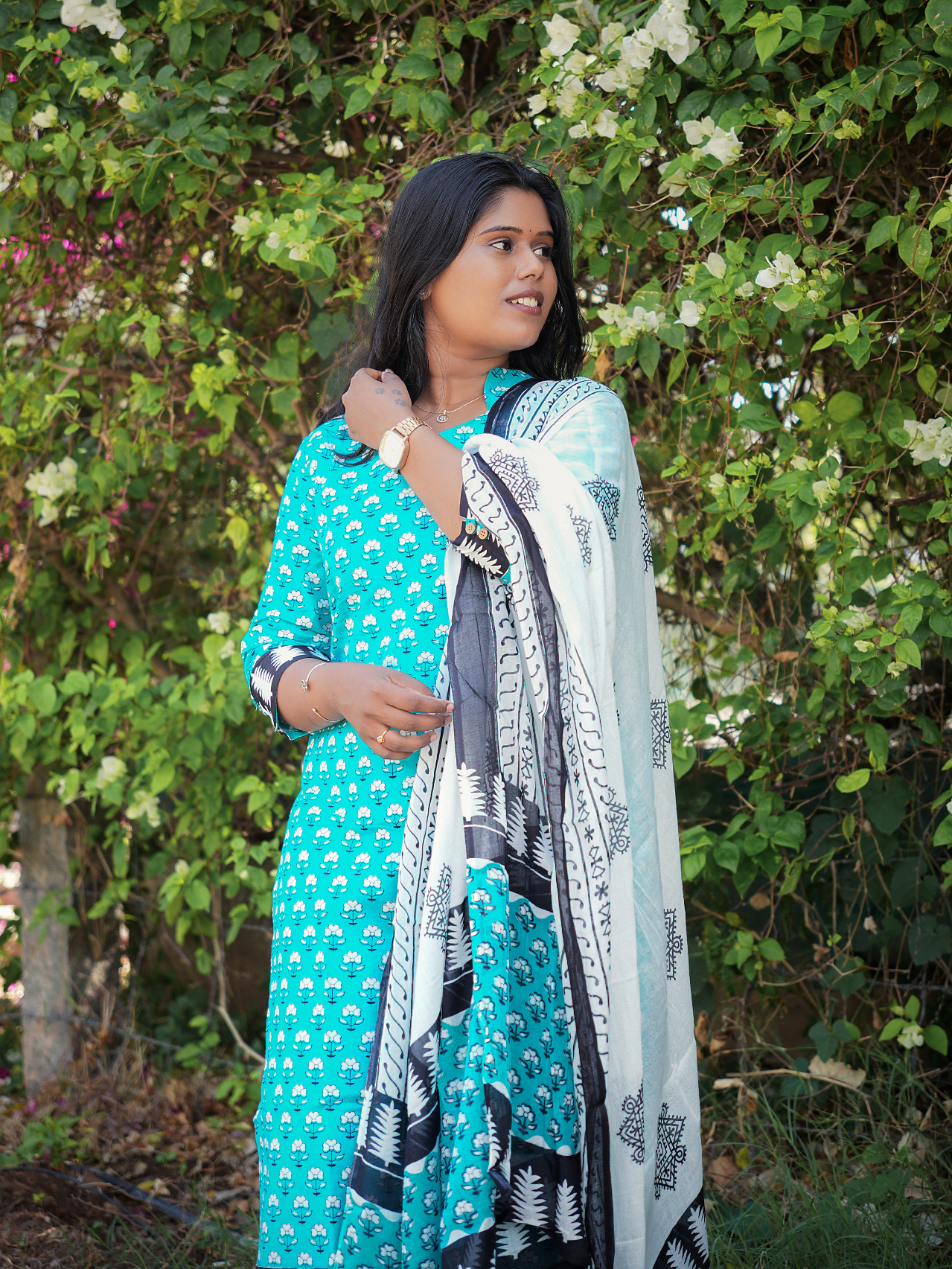 Hand Block Skyblue Printed cotton Top bottom & dupatta