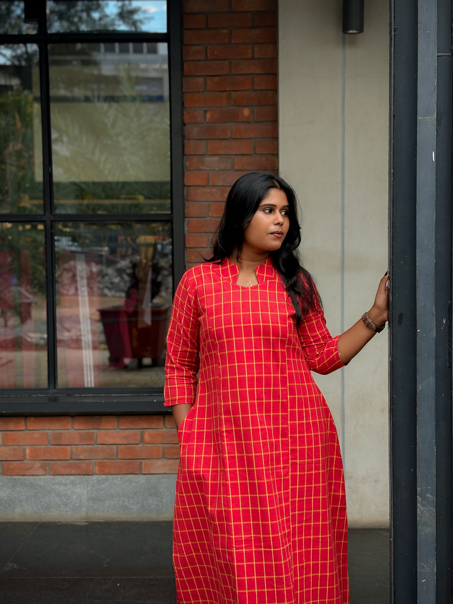 Red Checked A-Line Open-Hem Kurti - Image 5