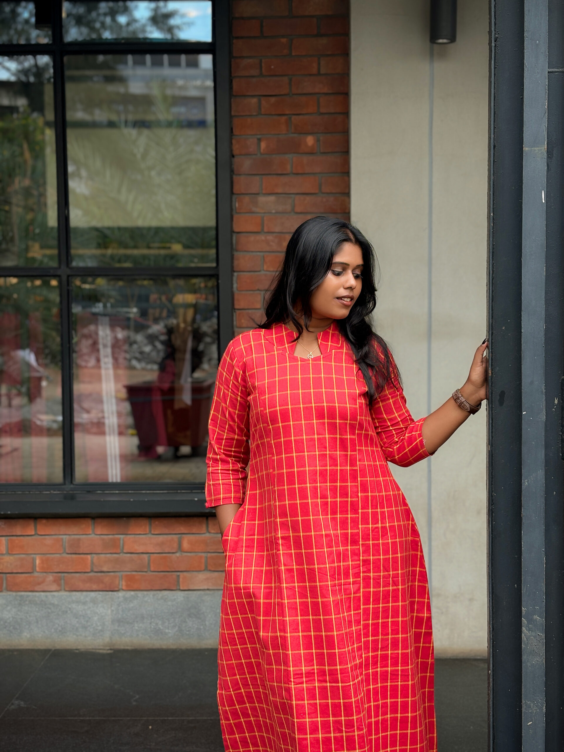 Red Checked A-Line Open-Hem Kurti - Image 2