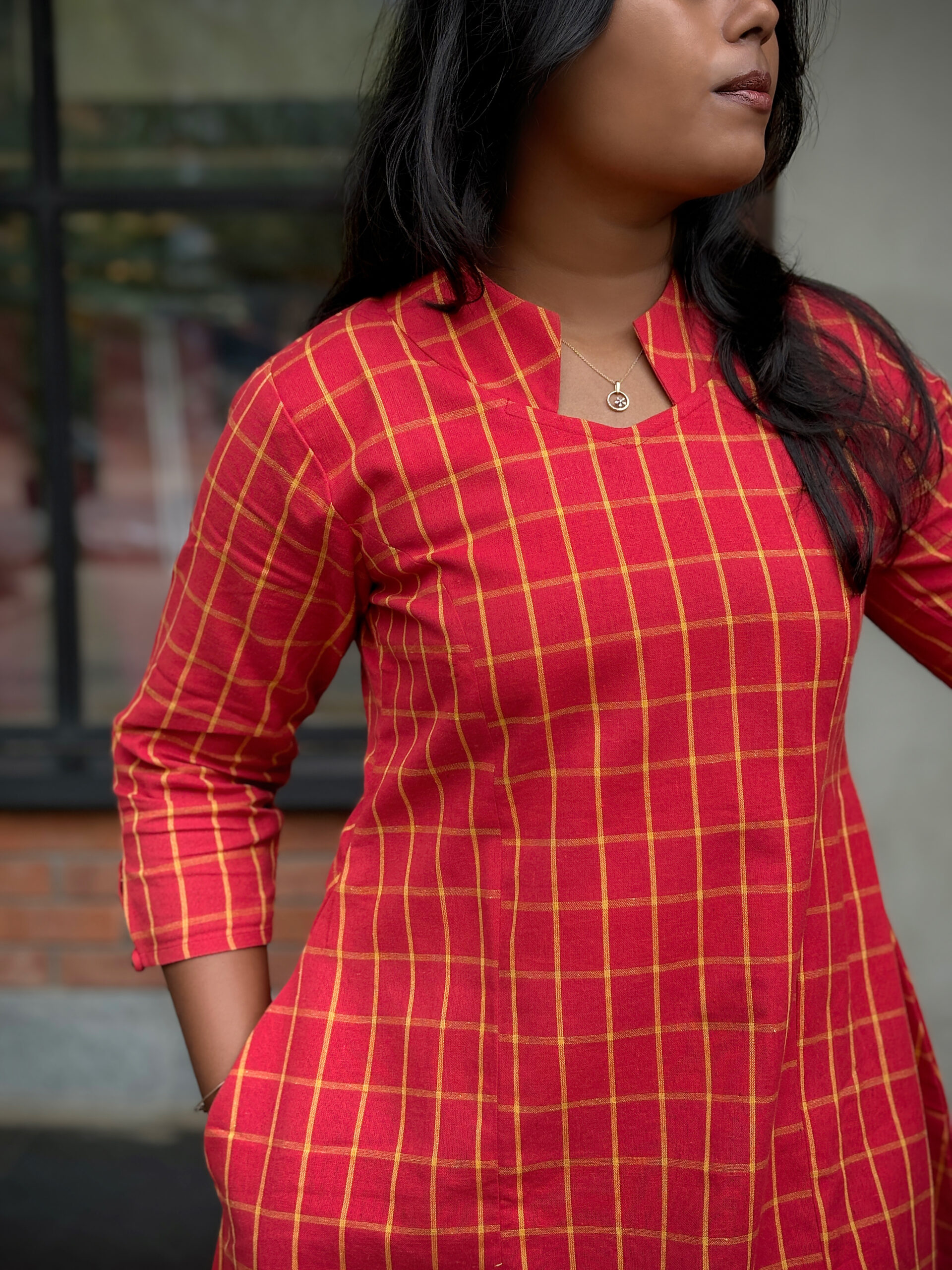 Red Checked A-Line Open-Hem Kurti - Image 3