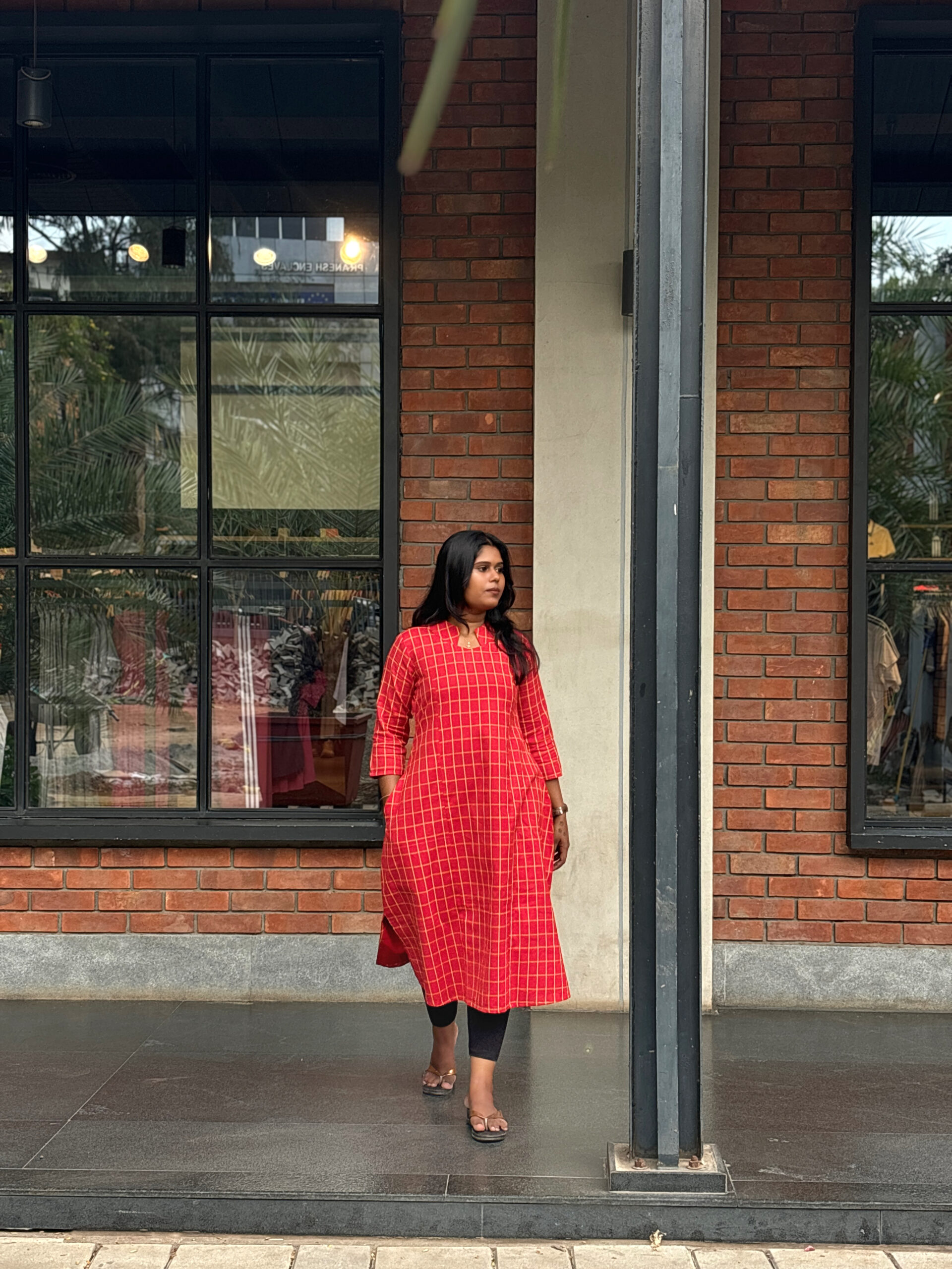 Red Checked A-Line Open-Hem Kurti - Image 6