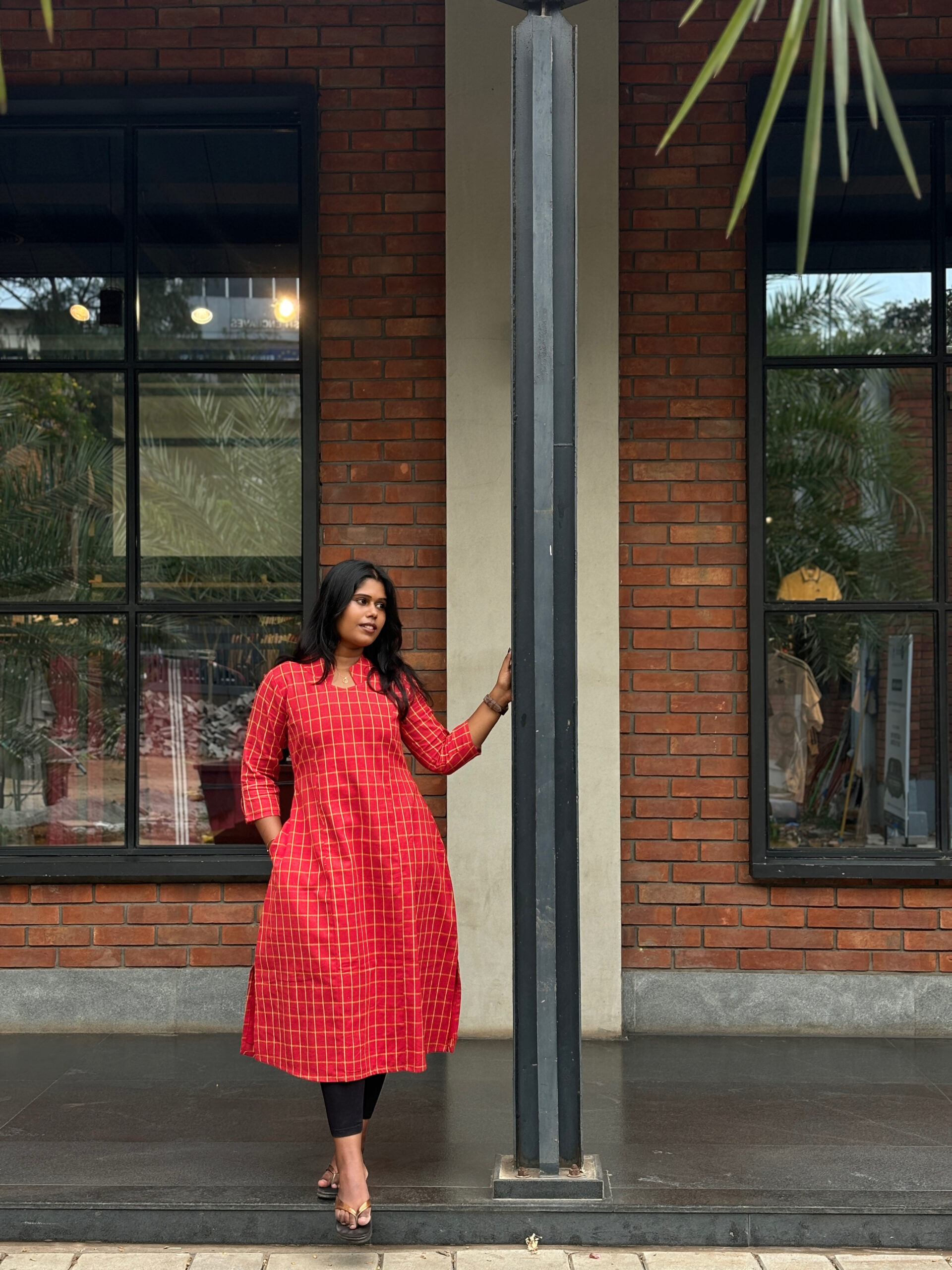 Red Checked A-Line Open-Hem Kurti