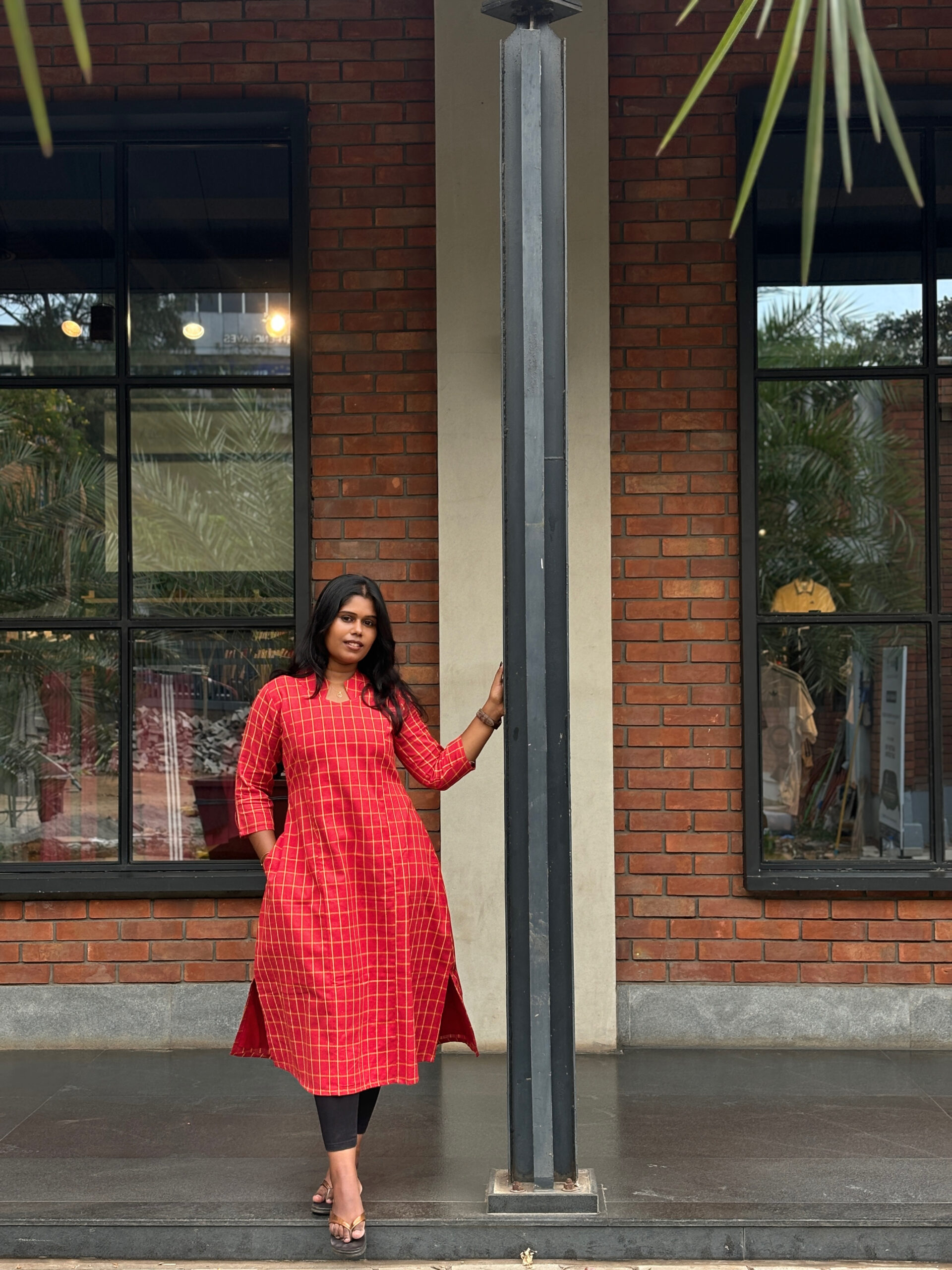Red Checked A-Line Open-Hem Kurti - Image 4